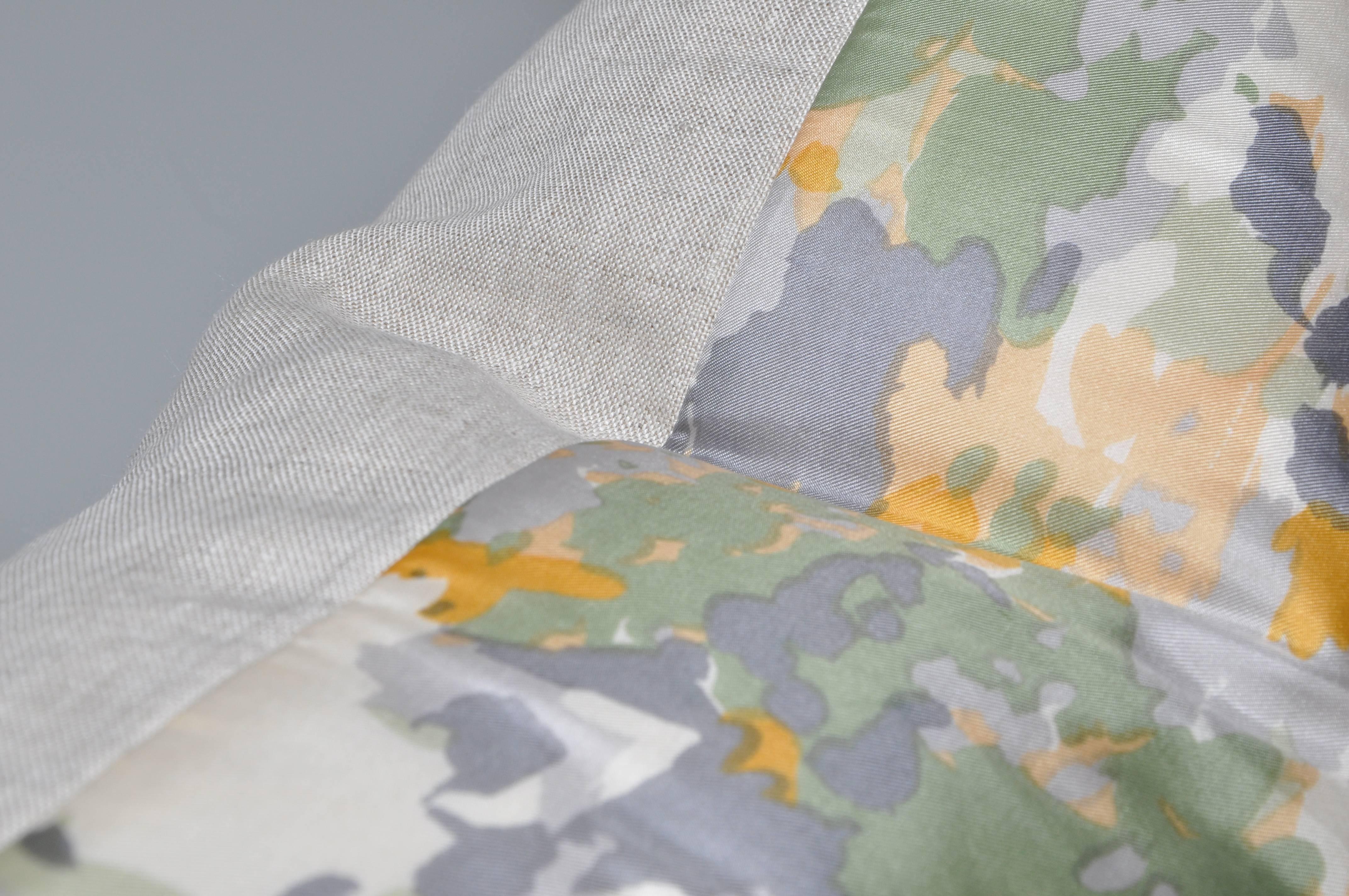 Mid-Century Modern Large Vintage Schiaparelli Camouflage Silk Scarf with Irish Linen Cushion Pillow