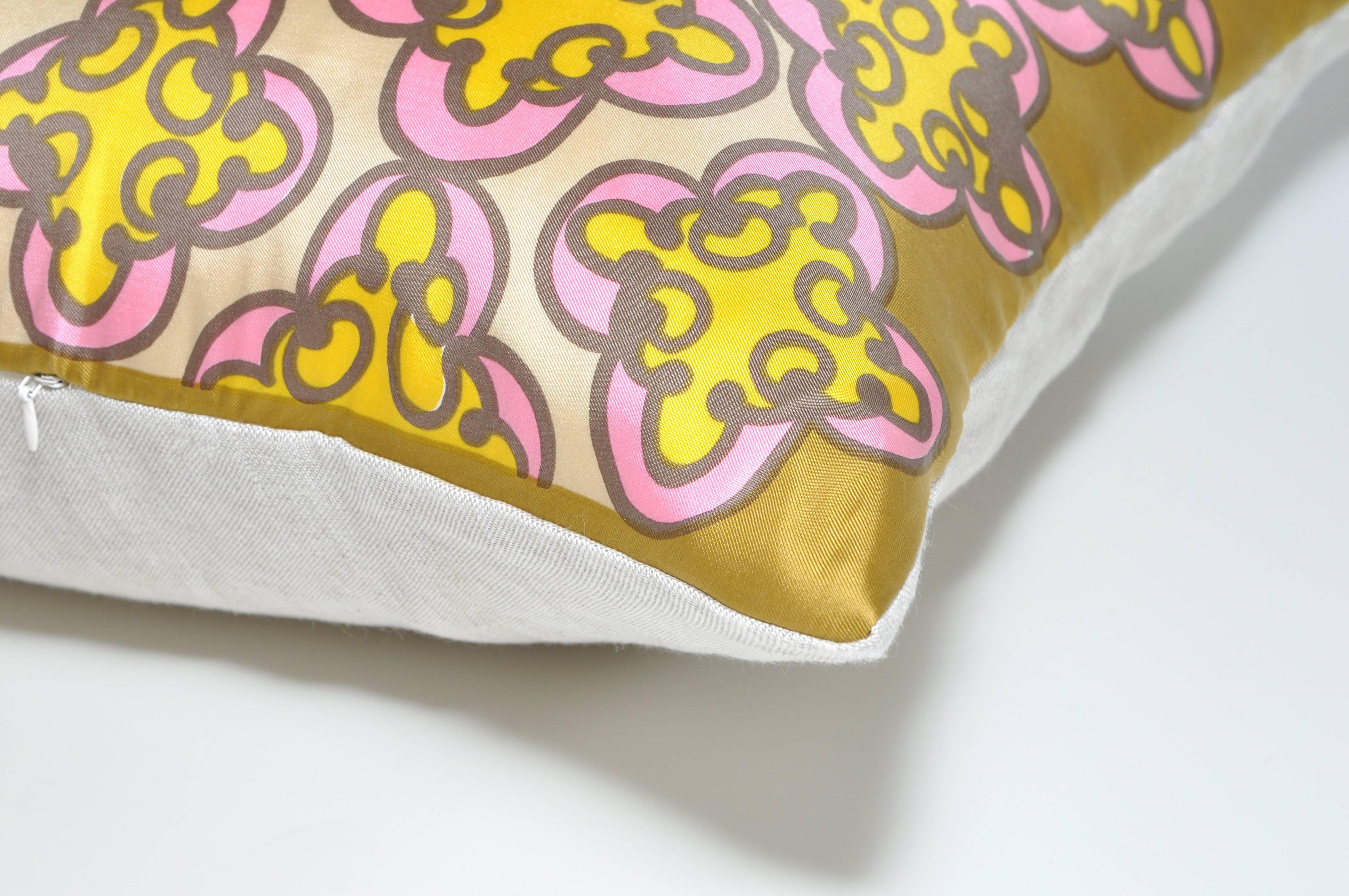 Set of Vintage Pierre Balmain Gold Pink Silk Scarf Irish Linen Cushions Pillows 1