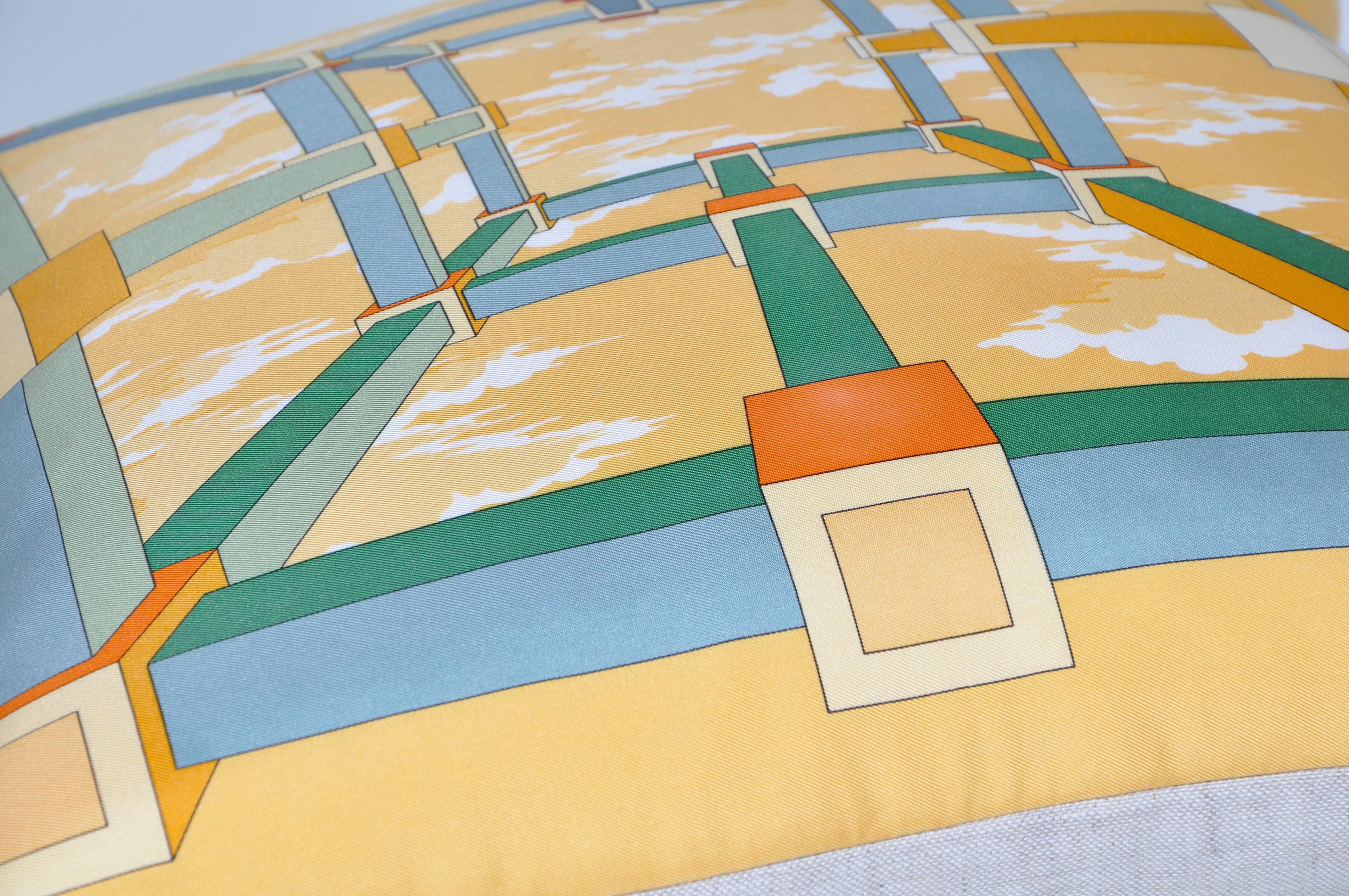 Vintage Hermes Gold Yellow Silk Scarf and Irish Linen Cushion Pillow In Excellent Condition In Great Britain, Northern Ireland