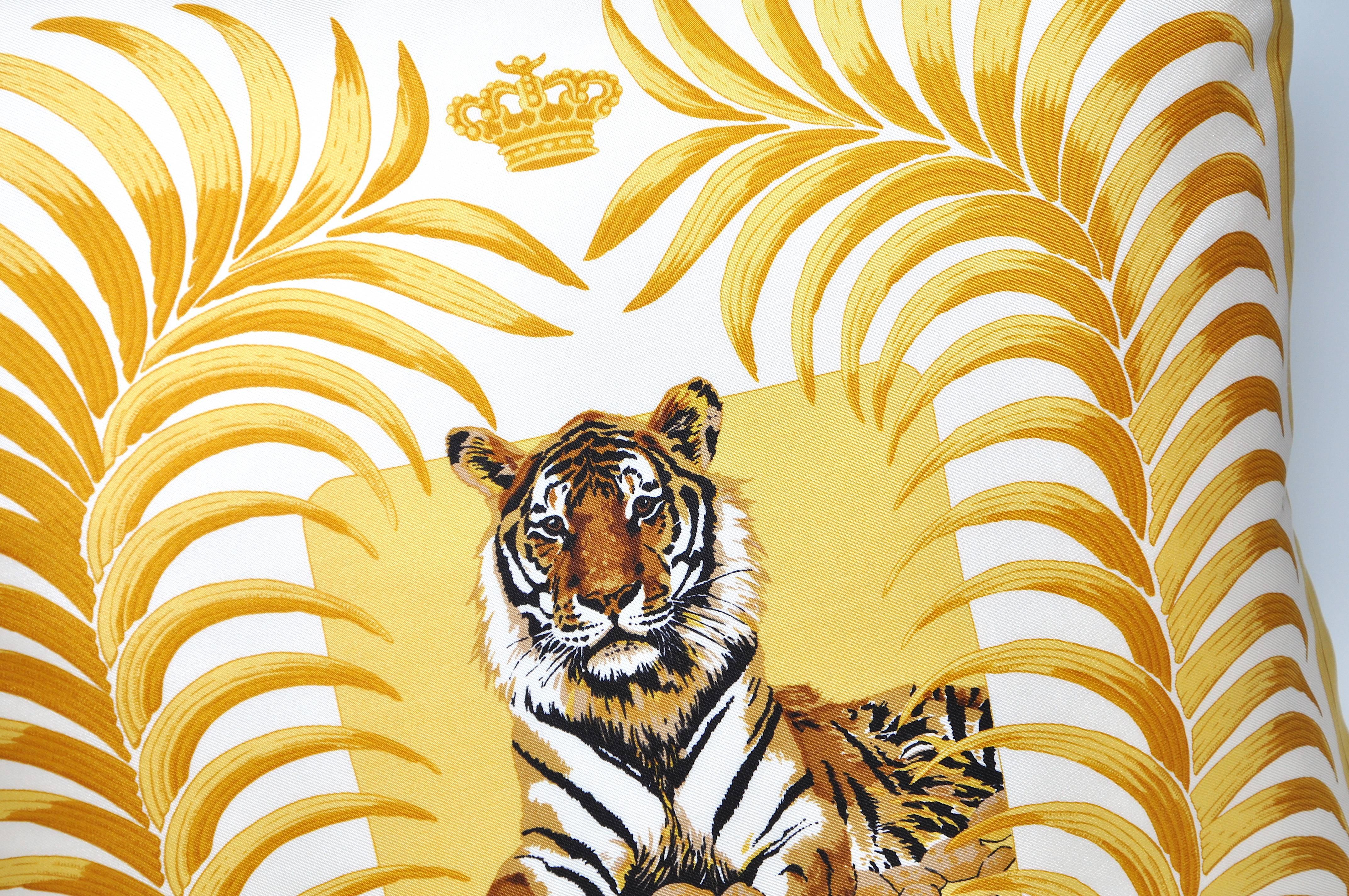 The ‘crème de la crème’ of scarves, this beauty is a one-of-a-kind custom-made luxury cushion (pillow) from an exquisite vintage silk Hermes fashion scarf featuring a seated tiger amongst a luscious wreath.

The French company began in 1837