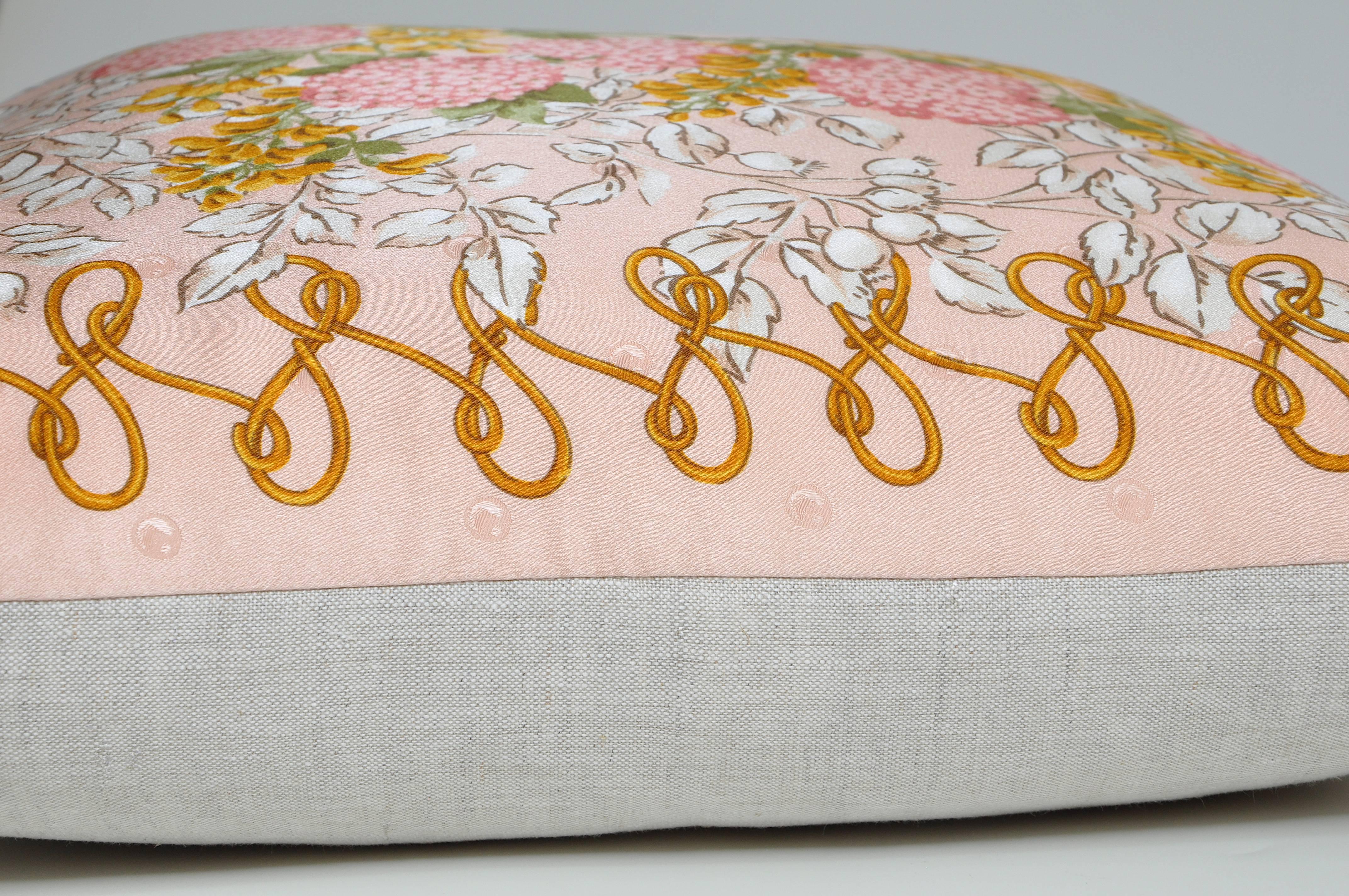 French Provincial Vintage Nina Ricci Peach Silk Scarf with Irish Linen Cushion Pillow For Sale