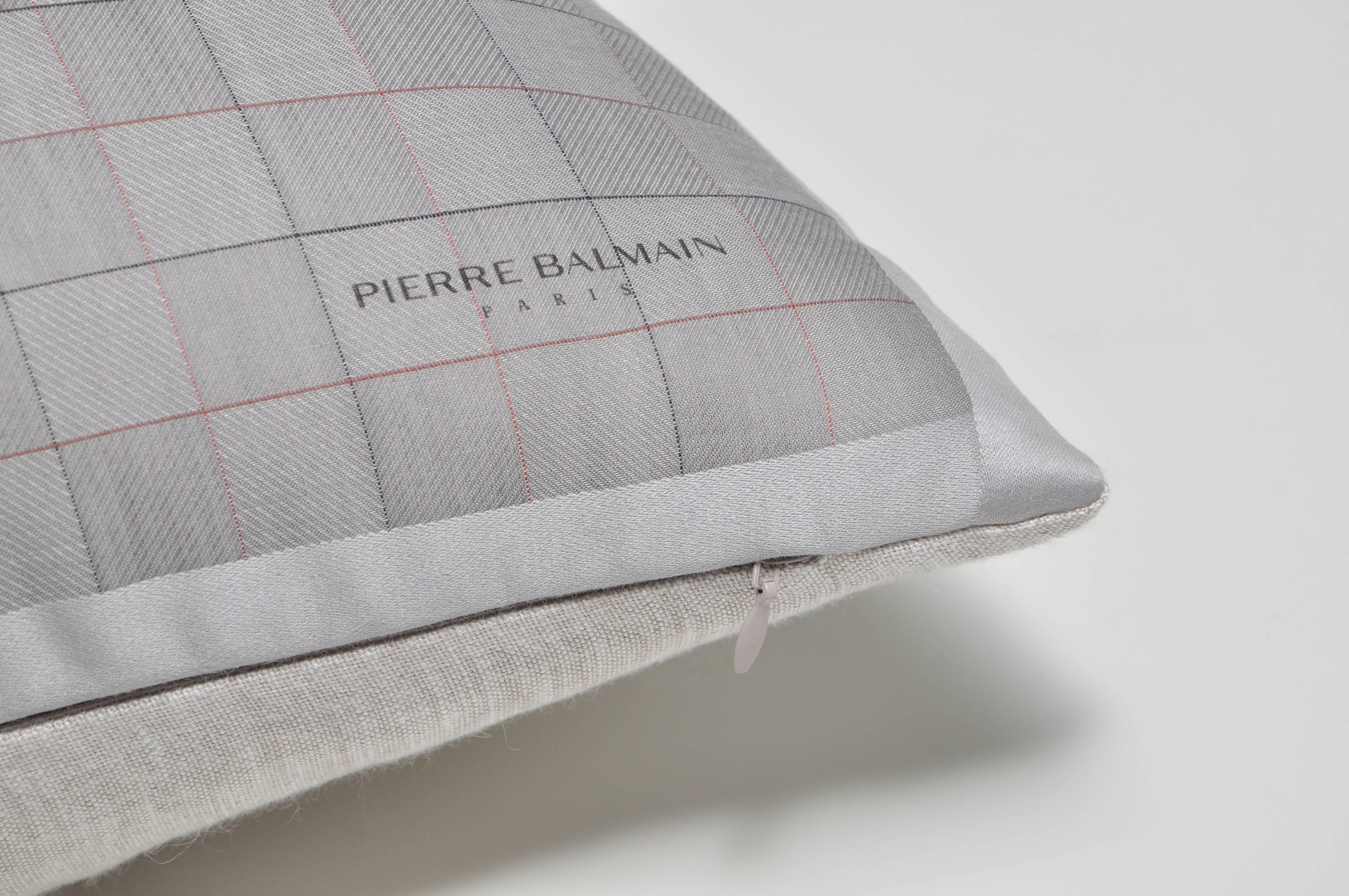 Custom-made one-of-a-Kind cushion (pillow) created from a luxurious vintage Pierre Balmain fashion scarf in a beautifully soft plaid design. Sumptuously soft to the touch with a subtle sheen and visible diagonal grain with varying direction in