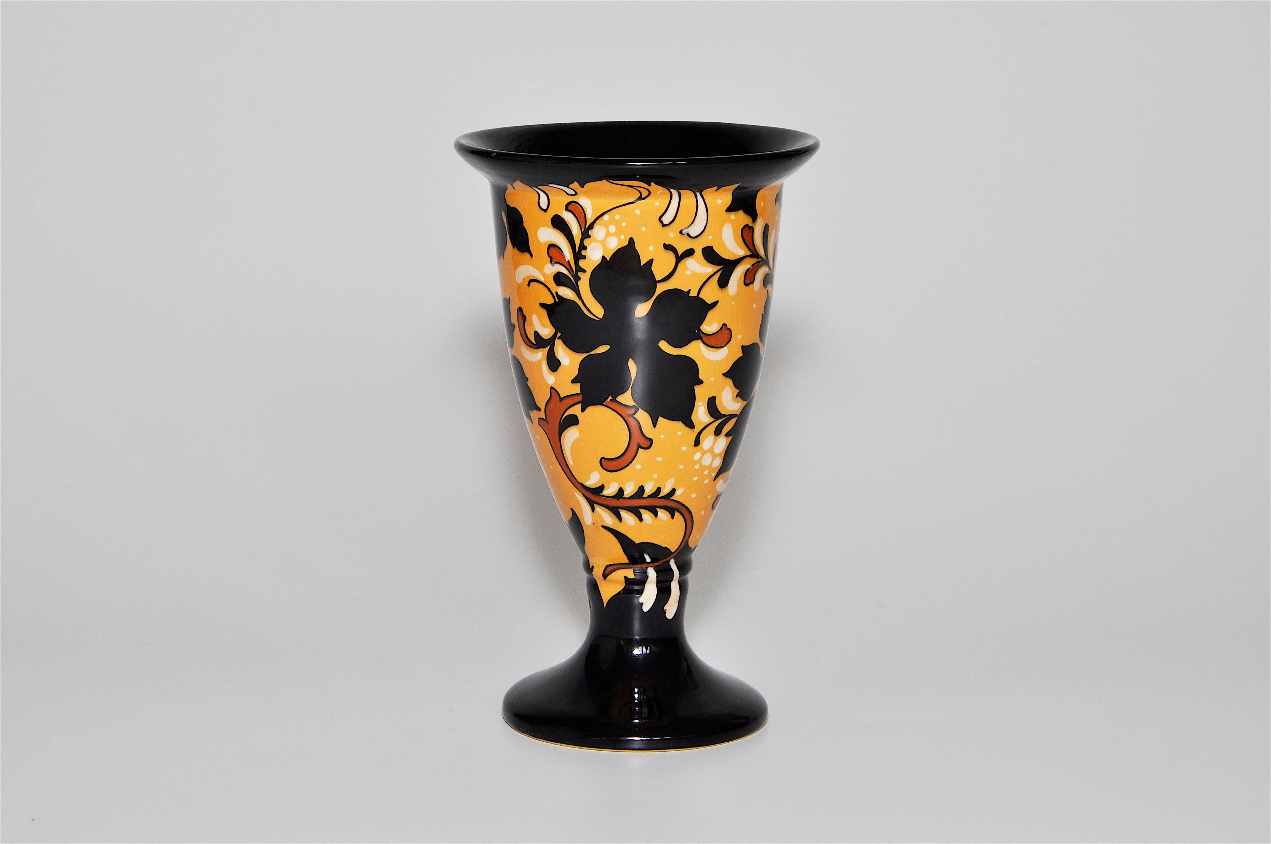 19th Century Yellow and Black Floral Dutch Gouda Art Nouveau Regina Pottery Ceramic Pot Vase For Sale