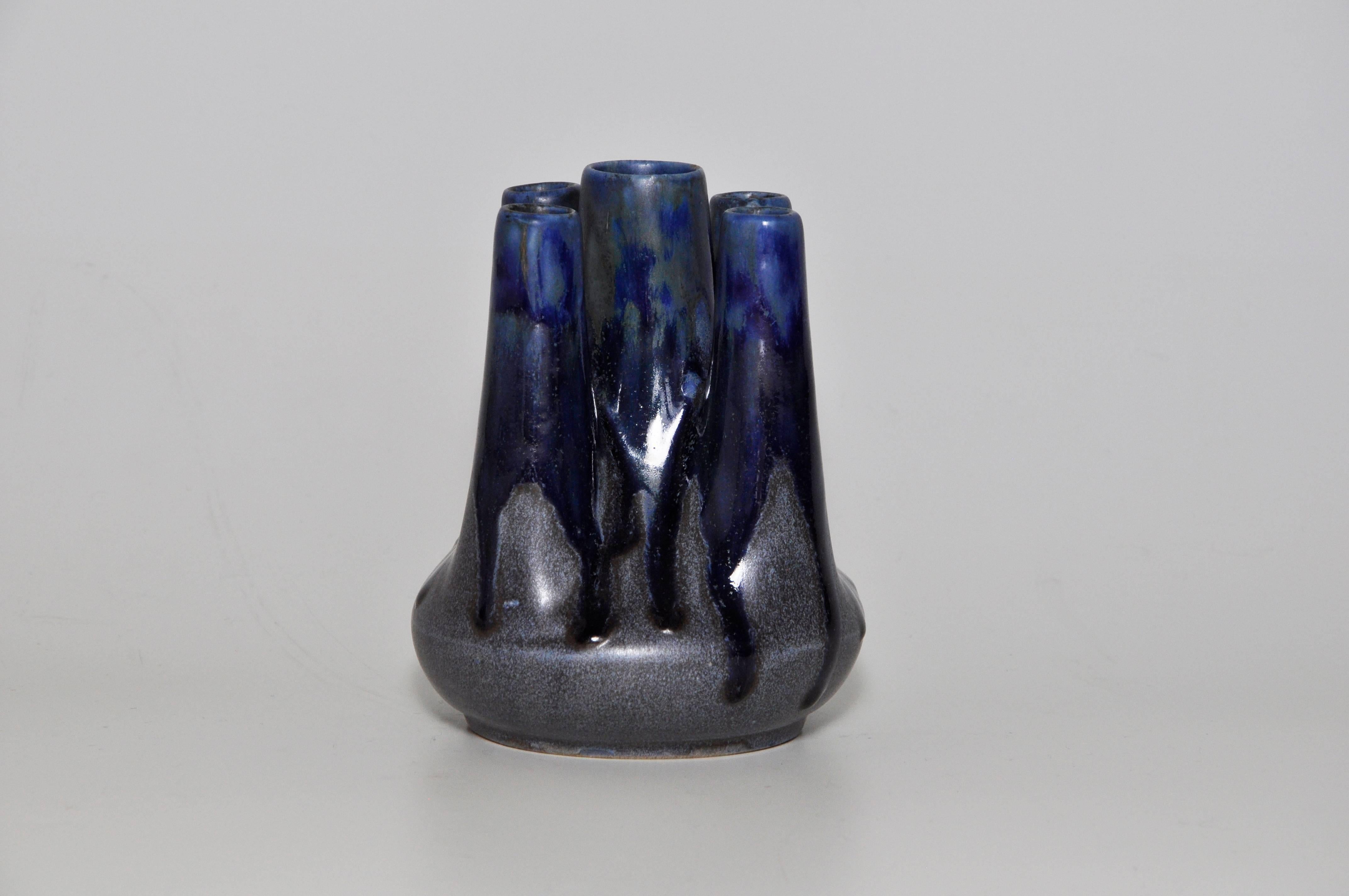 Art Nouveau French Art Pottery Metenier Blue Ceramic Vase Pot