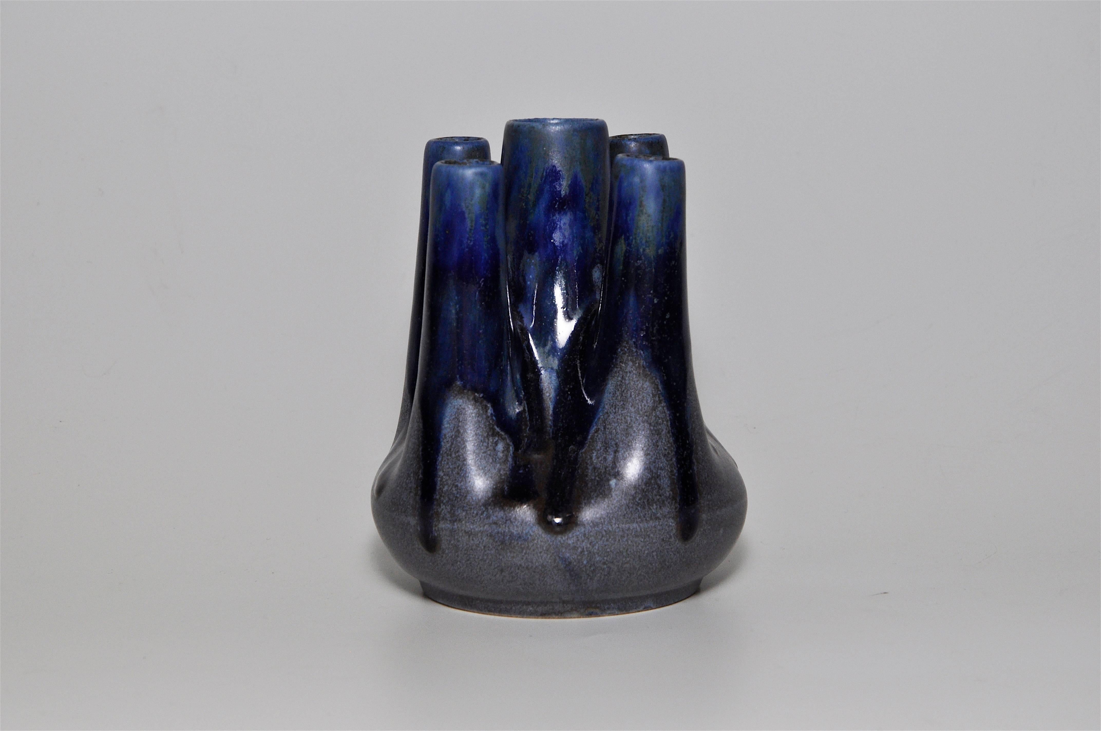 20th Century French Art Pottery Metenier Blue Ceramic Vase Pot