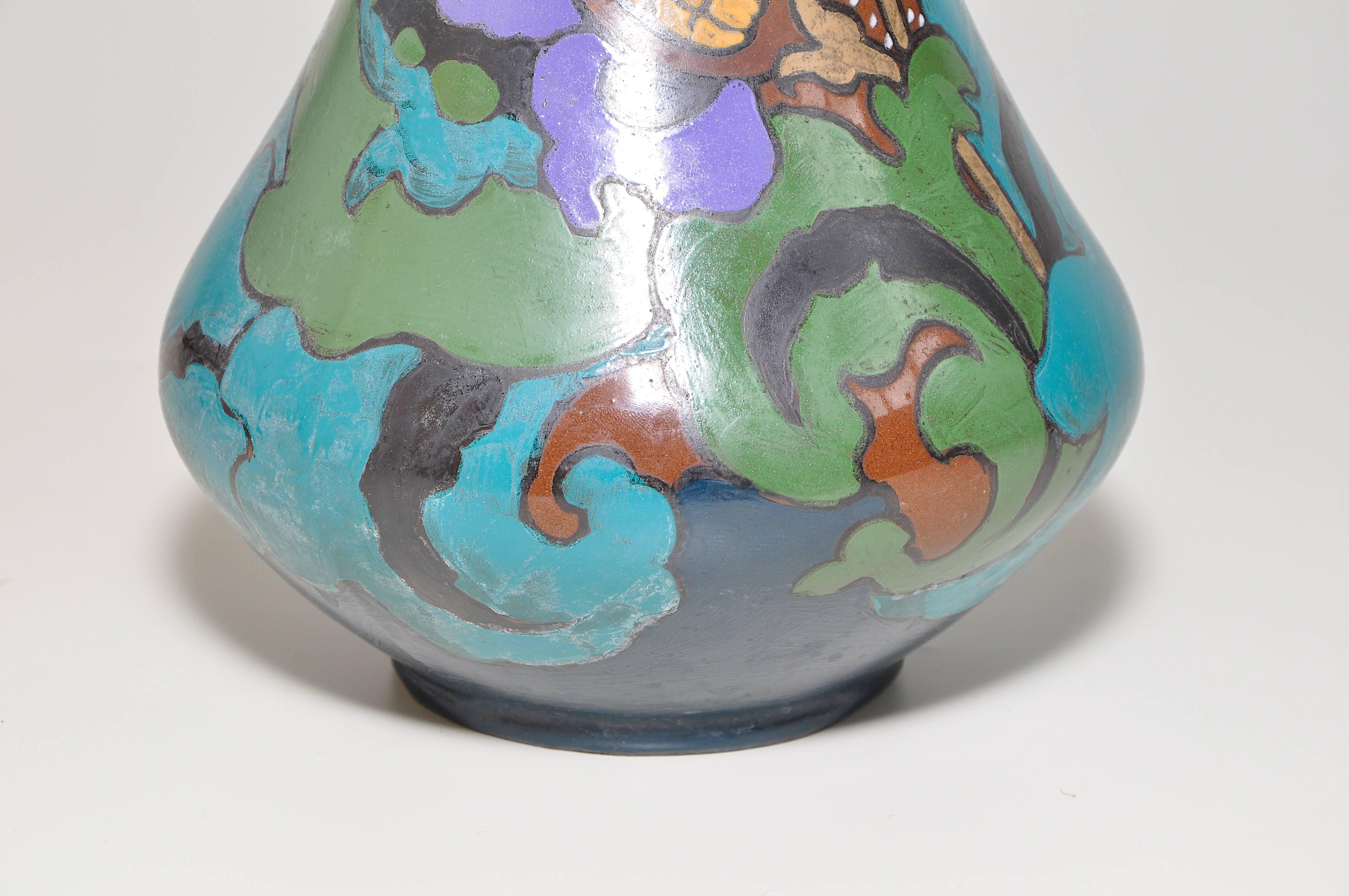 European Hand-Painted Dutch Style Art Nouveau Vase Pot in Blue and Turquoise For Sale