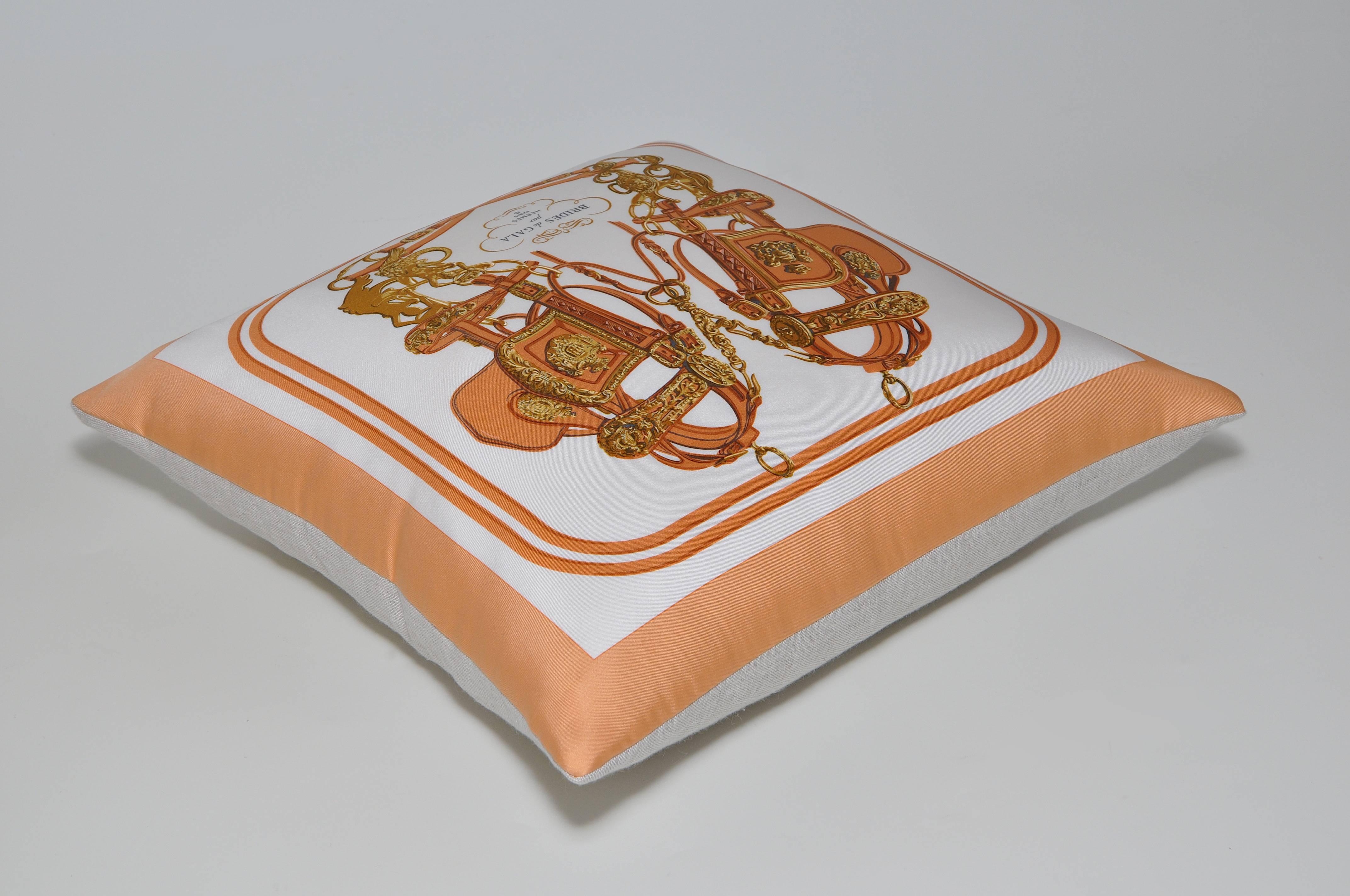 20th Century Vintage Hermes Orange Equestrian Silk Scarf with Irish Linen Cushion Pillow