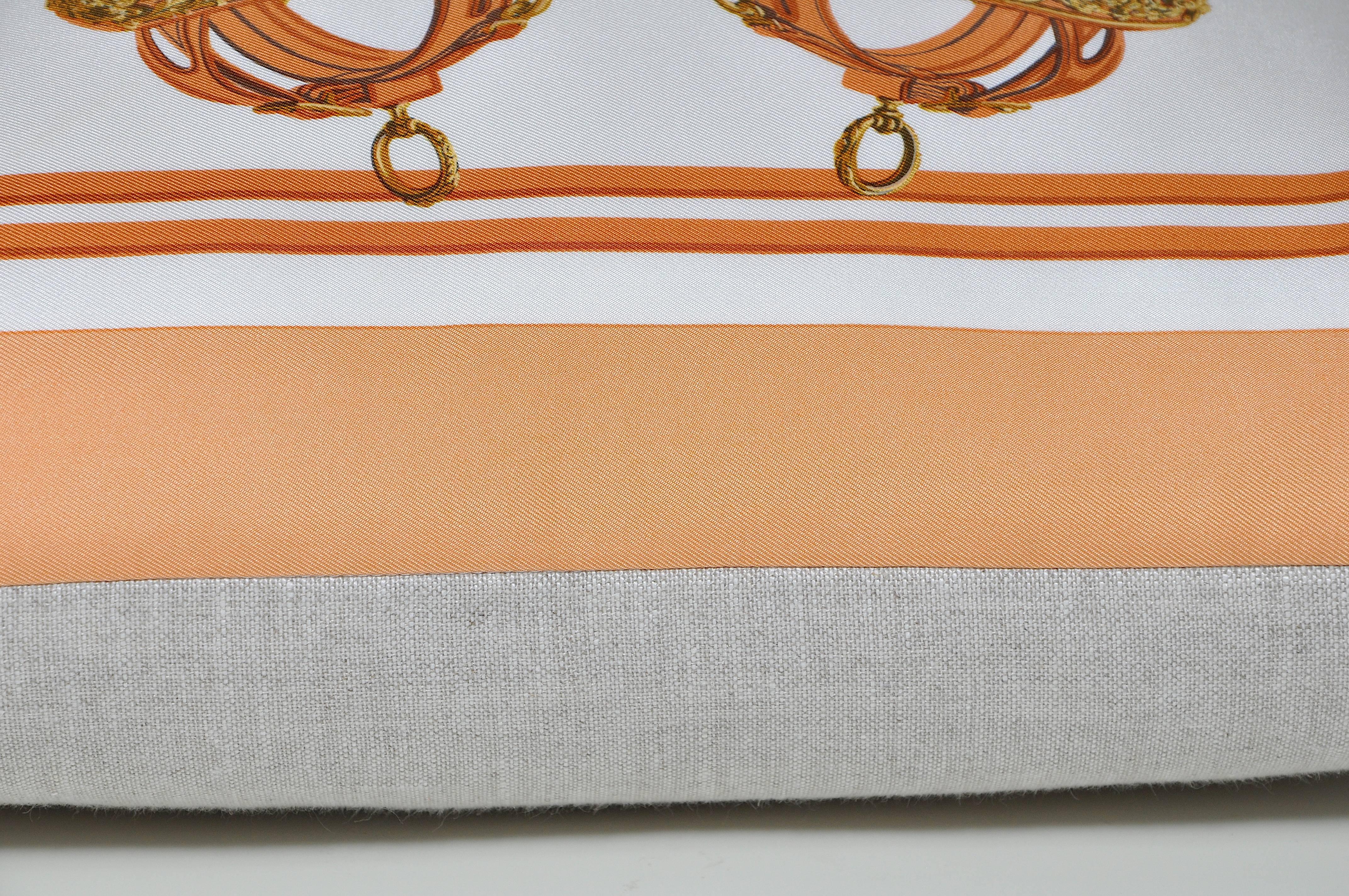 Renaissance Vintage Hermes Orange Equestrian Silk Scarf with Irish Linen Cushion Pillow