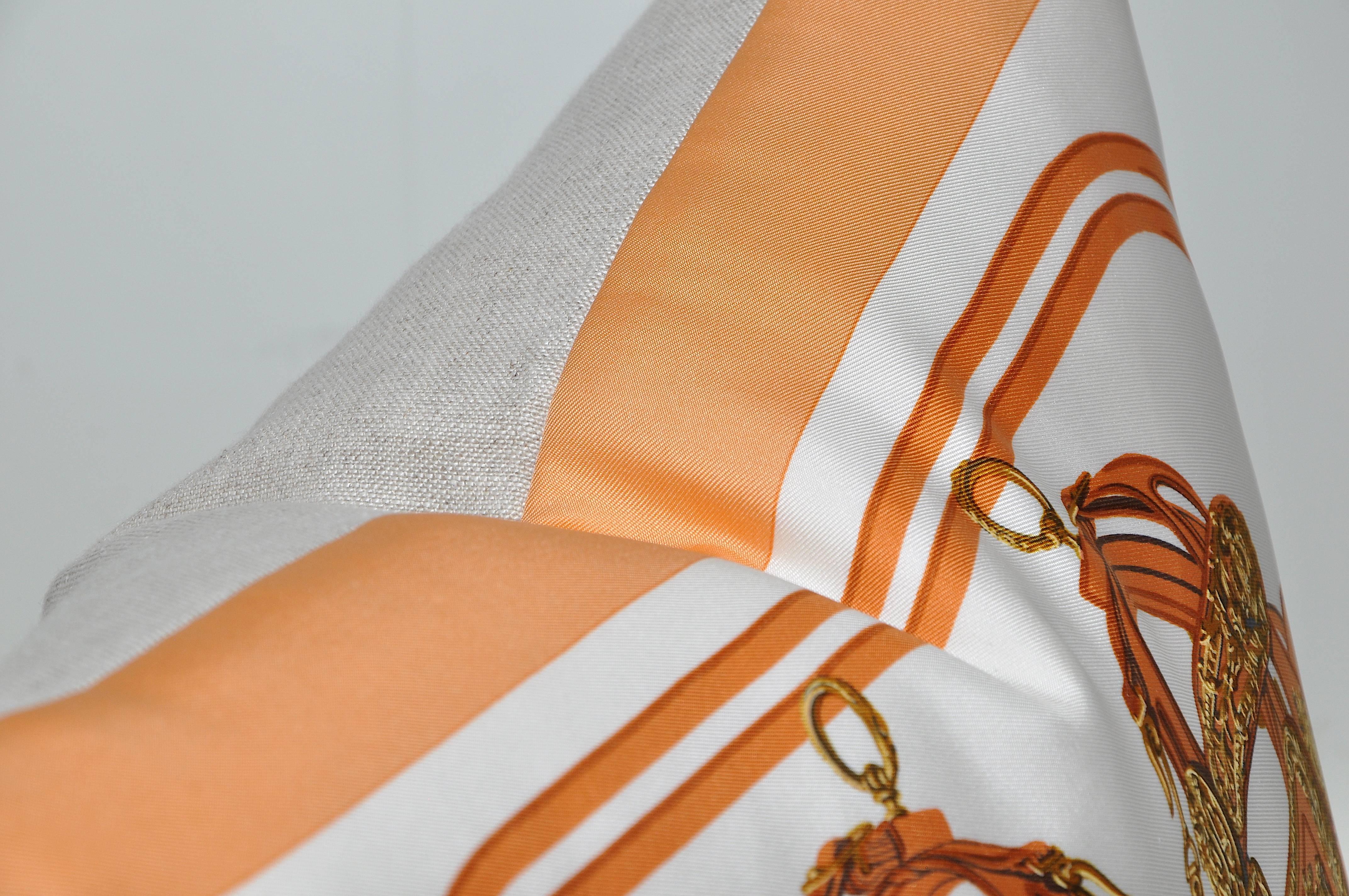 Hand-Crafted Vintage Hermes Orange Equestrian Silk Scarf with Irish Linen Cushion Pillow