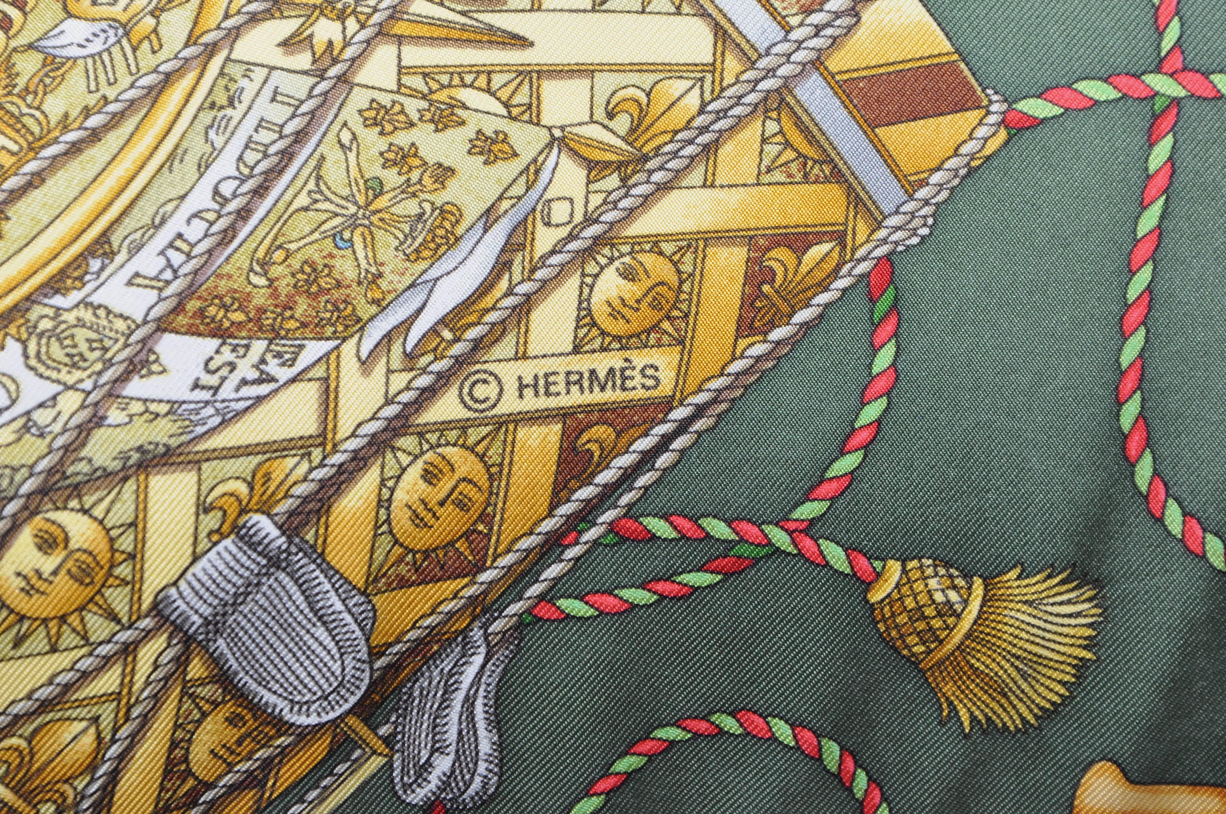 French Large Vintage Hermes Green Gold Musical Silk Scarf with Irish Linen Pillow