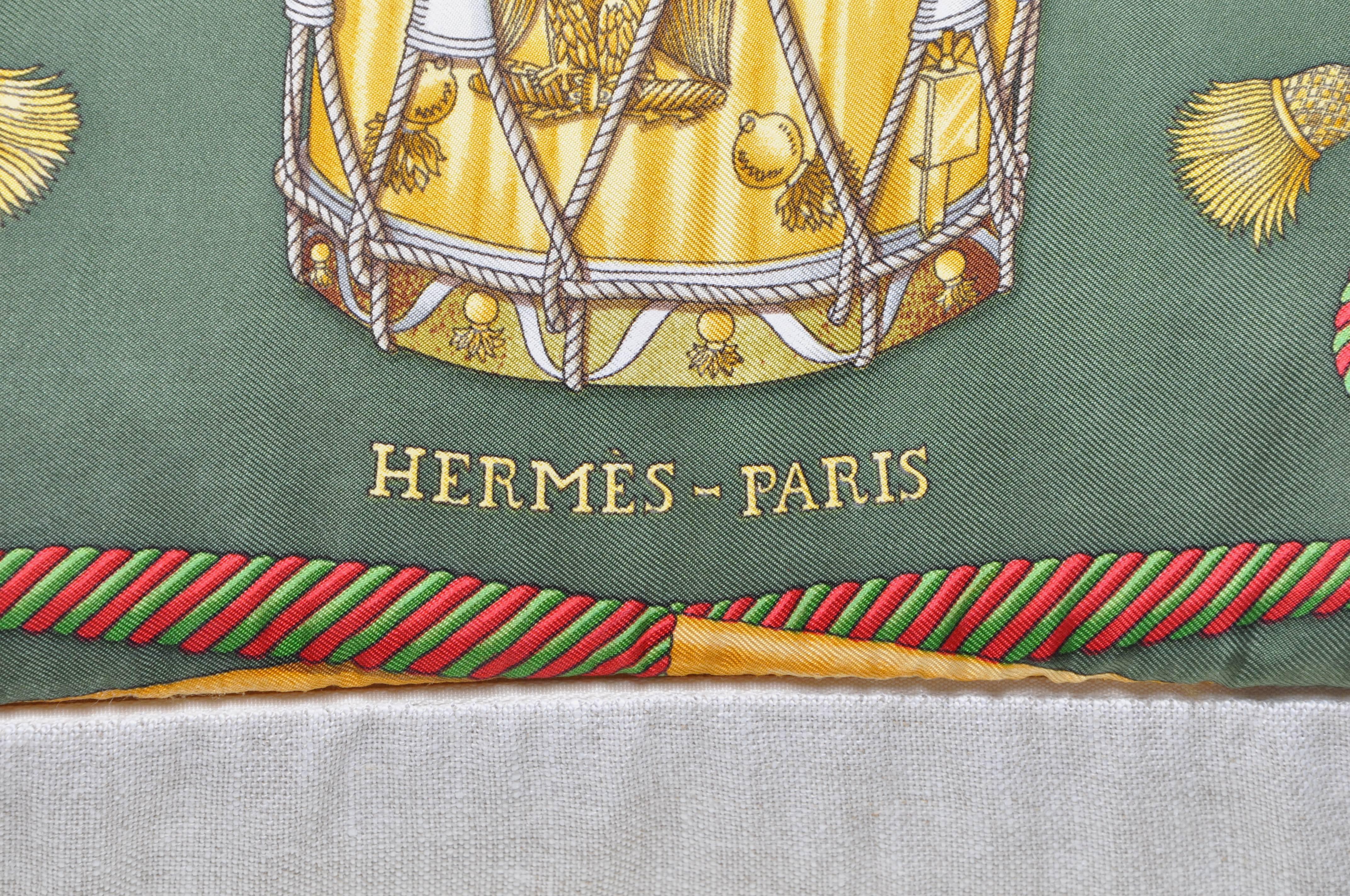 Large Vintage Hermes Green Gold Musical Silk Scarf with Irish Linen Pillow In Excellent Condition In Great Britain, Northern Ireland