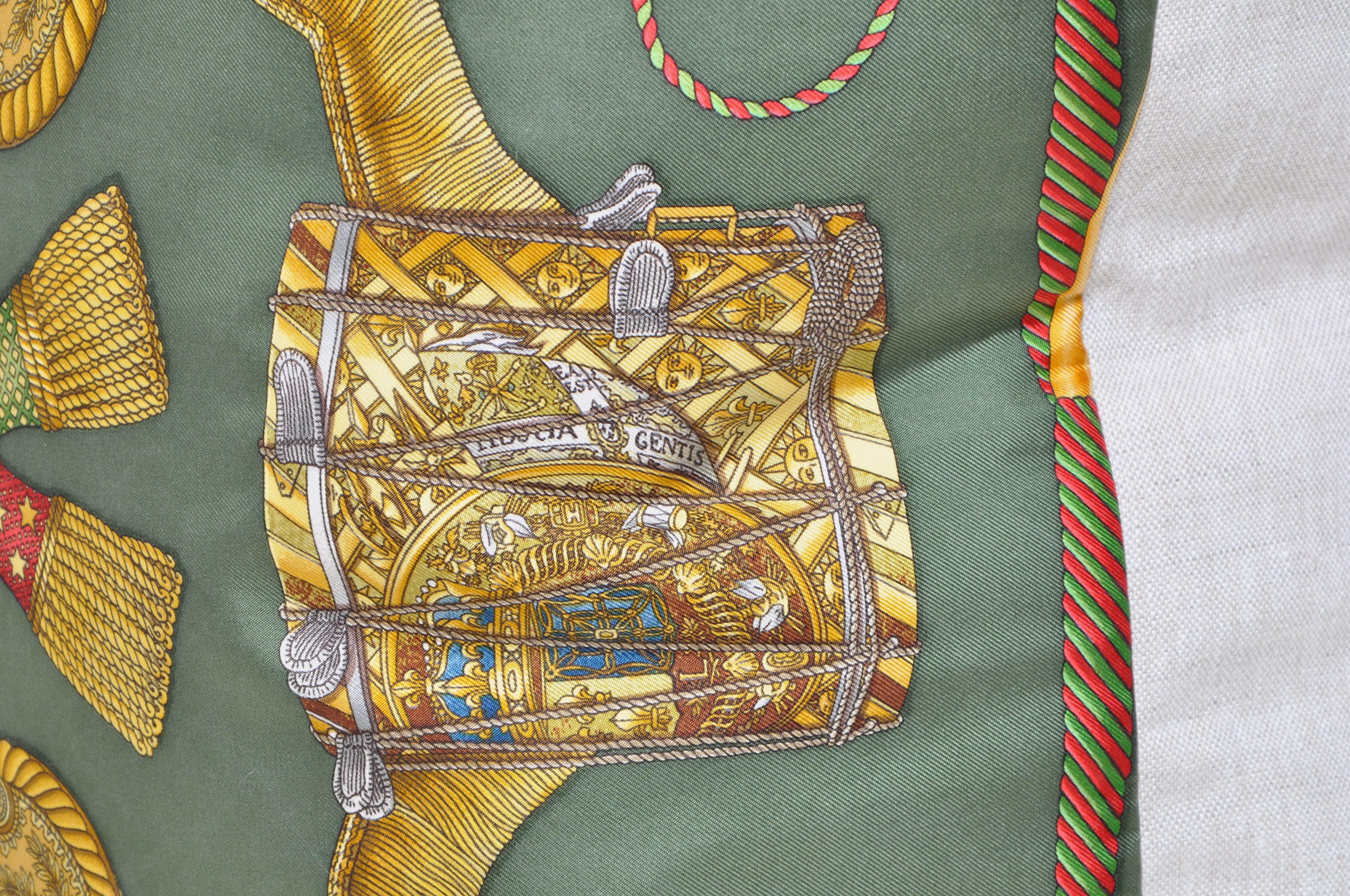 Large Vintage Hermes Green Gold Musical Silk Scarf with Irish Linen Pillow 3