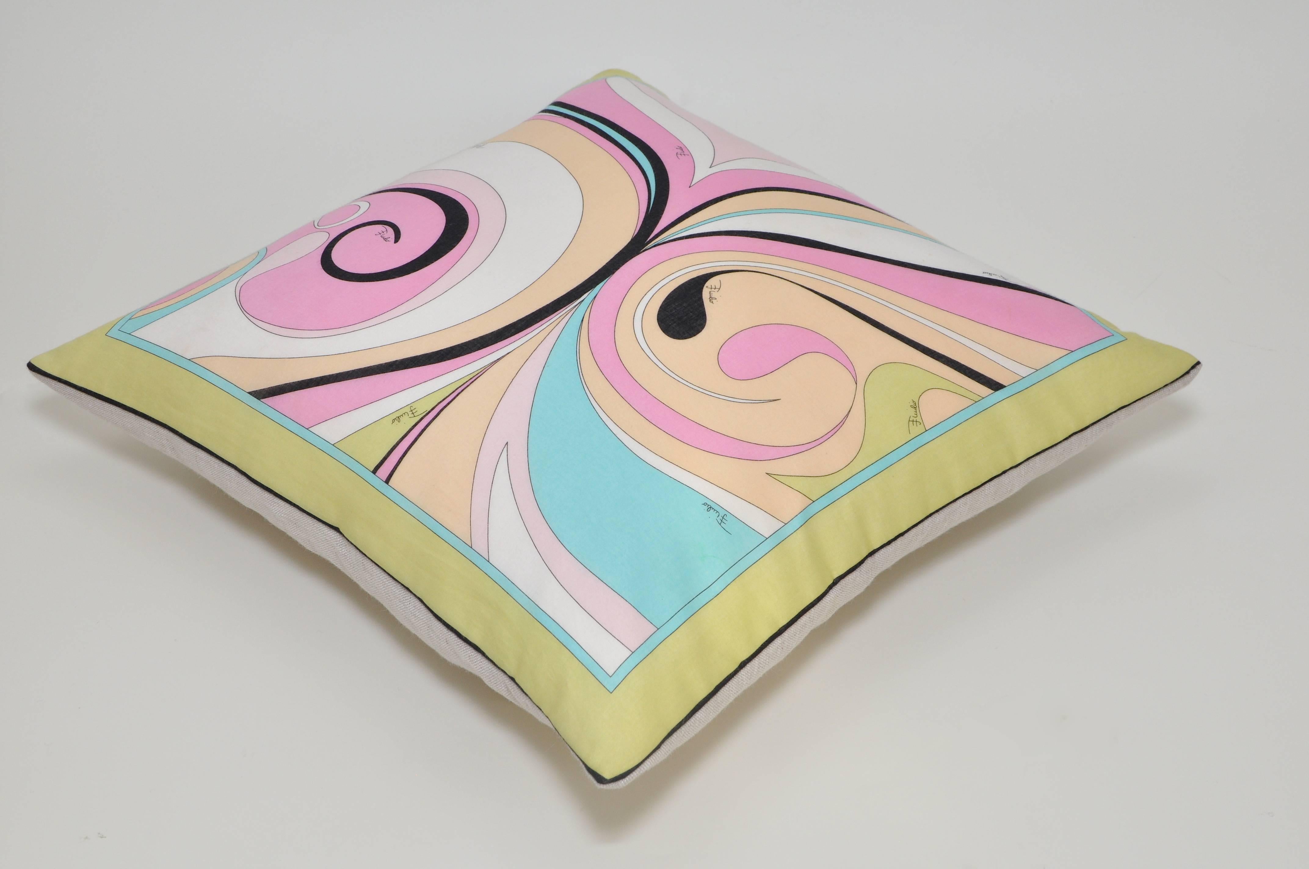 Mid-Century Modern Vintage Pucci Pink Yellow Geometric Scarf and Irish Linen Cushion Pillow For Sale