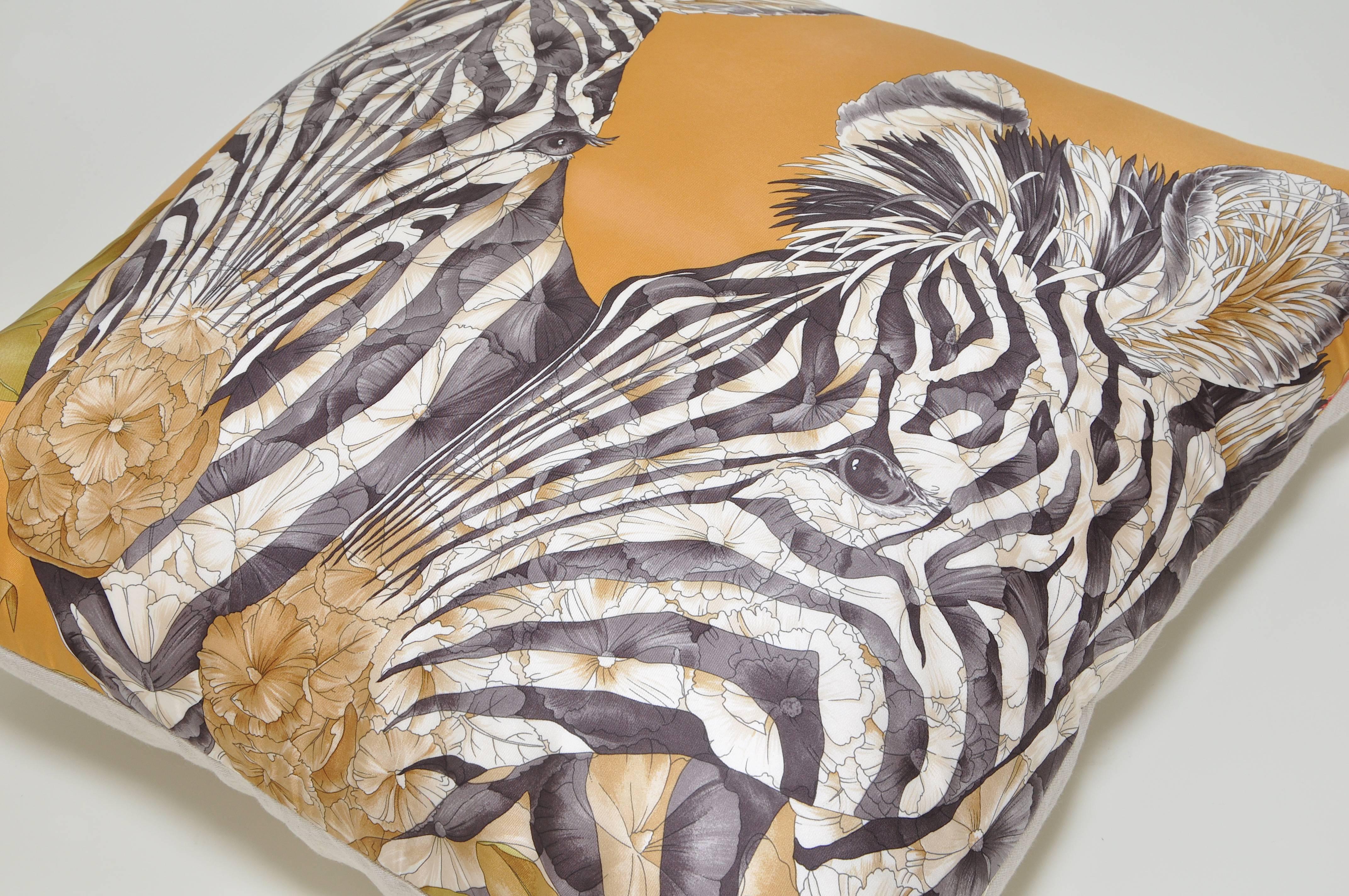 20th Century Vintage Bronze Gold Zebra Salvatore Ferragamo Silk Scarf and Irish Linen Cushion For Sale