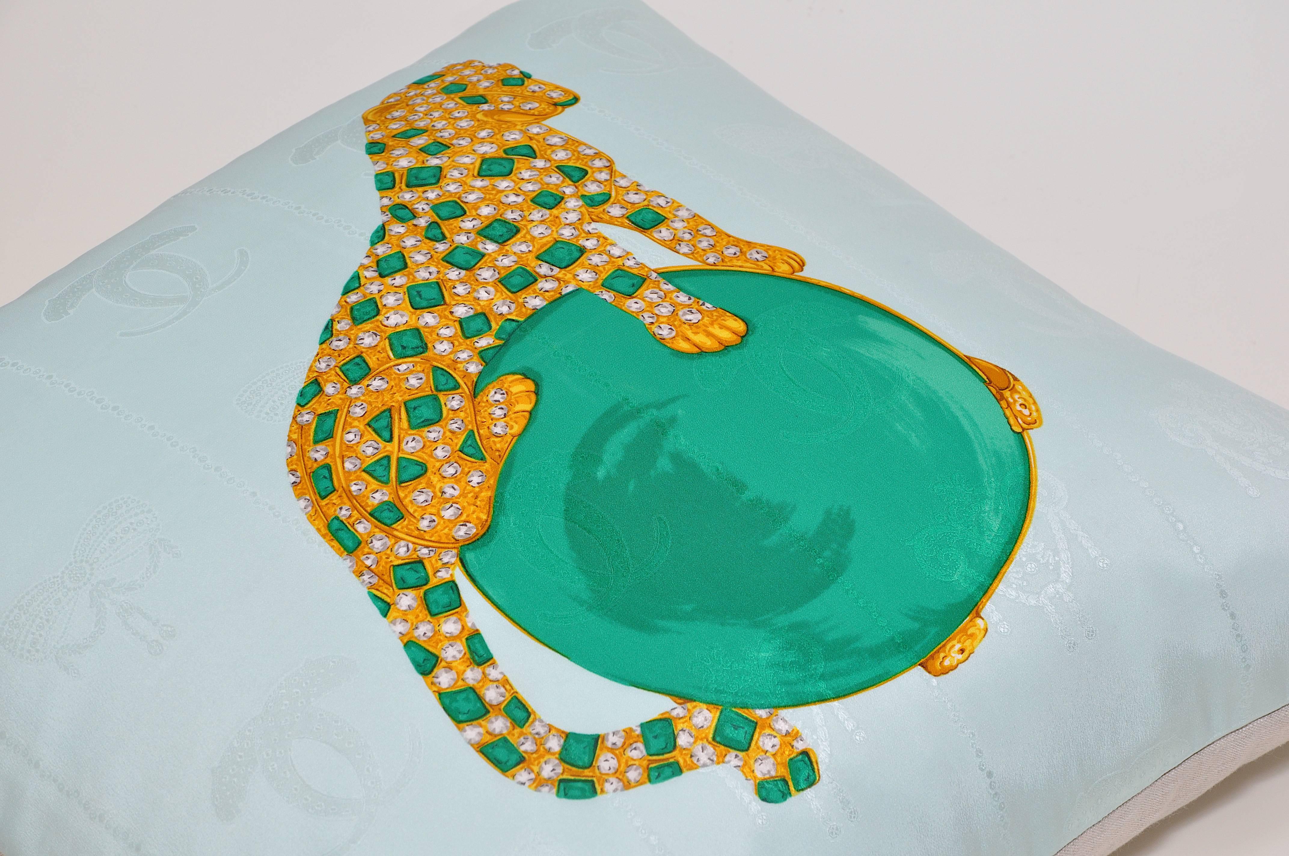 Pair of Turquoise Blue Vintage Cartier Panther Jewelry Brooch Silk Scarf Pillow In Excellent Condition For Sale In Great Britain, Northern Ireland