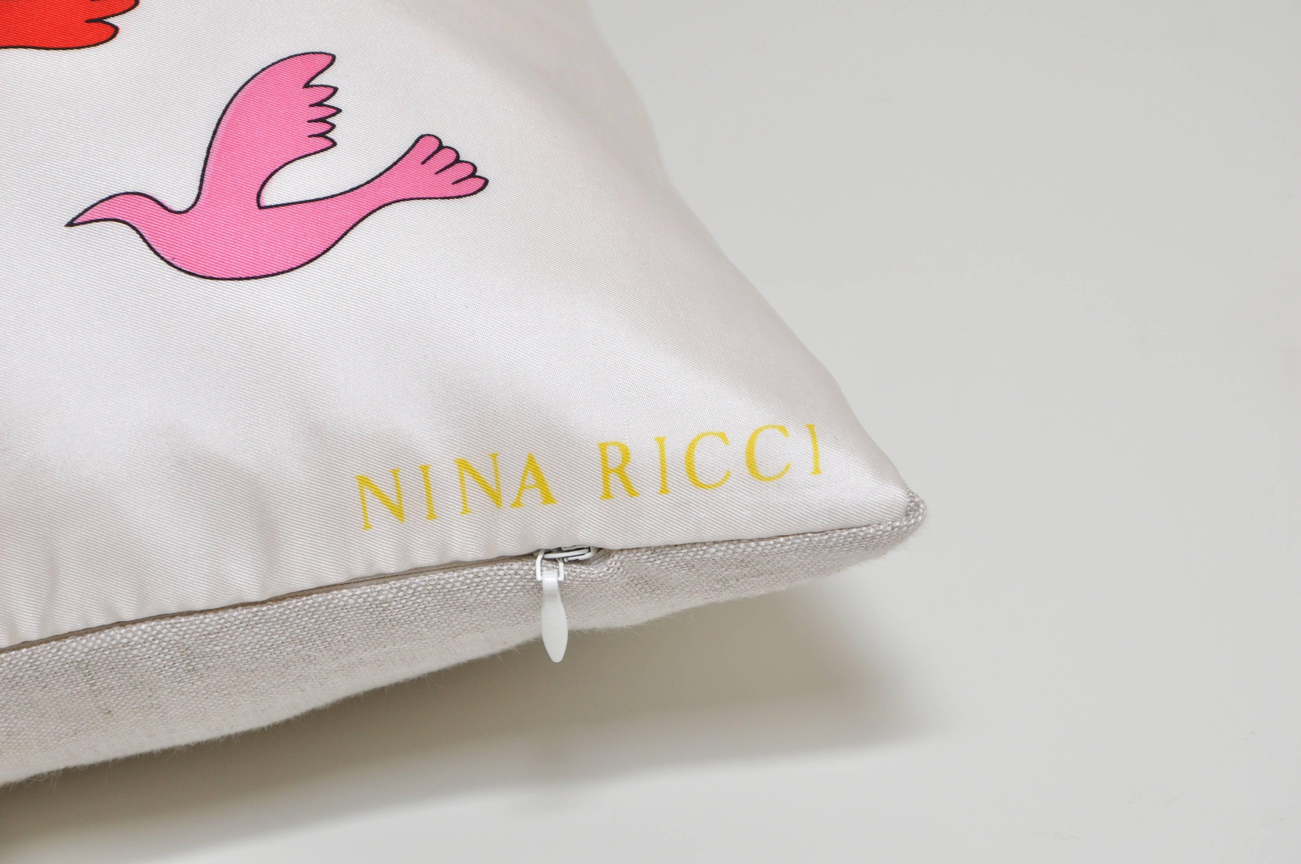 French Small Vintage Nina Ricci Birds Silk Scarf with Irish Linen Cushion Pillow