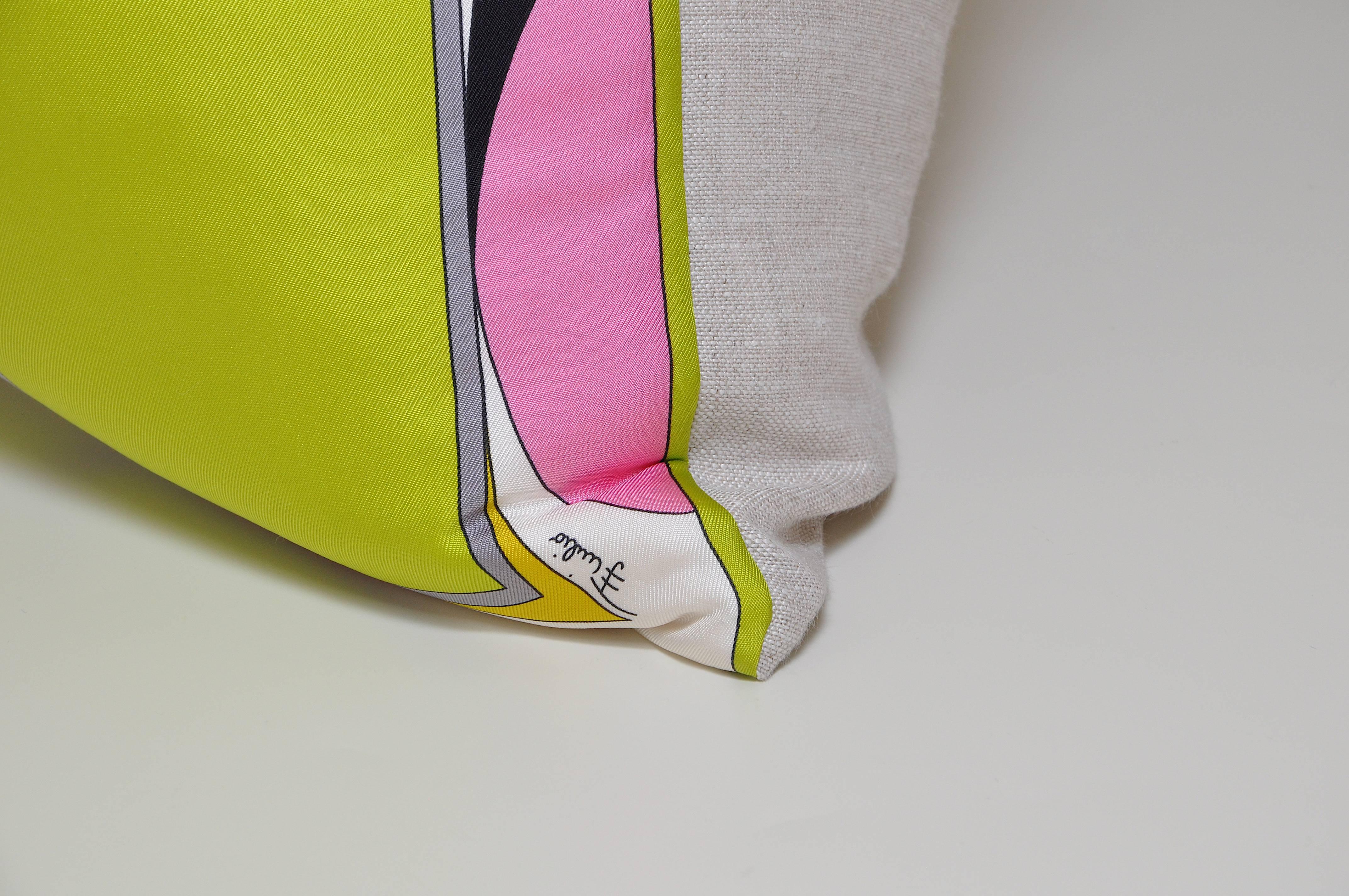 Mid-Century Modern Vintage Pucci Yellow Geometric Silk Scarf and Irish Linen Cushion Pillow For Sale