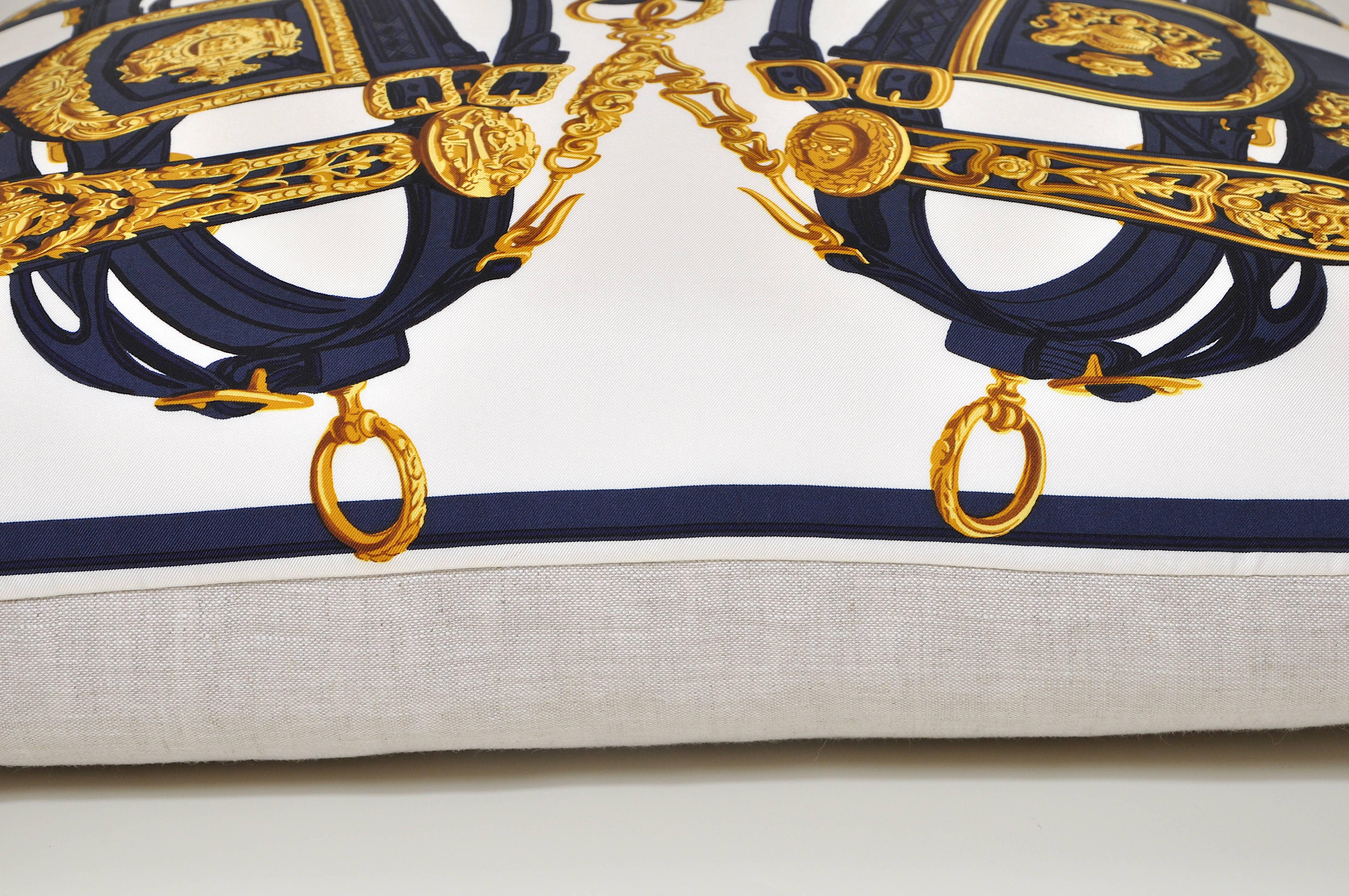 Renaissance Large Vintage Hermes Gold Equestrian Silk Scarf and Irish Linen Cushion Pillow