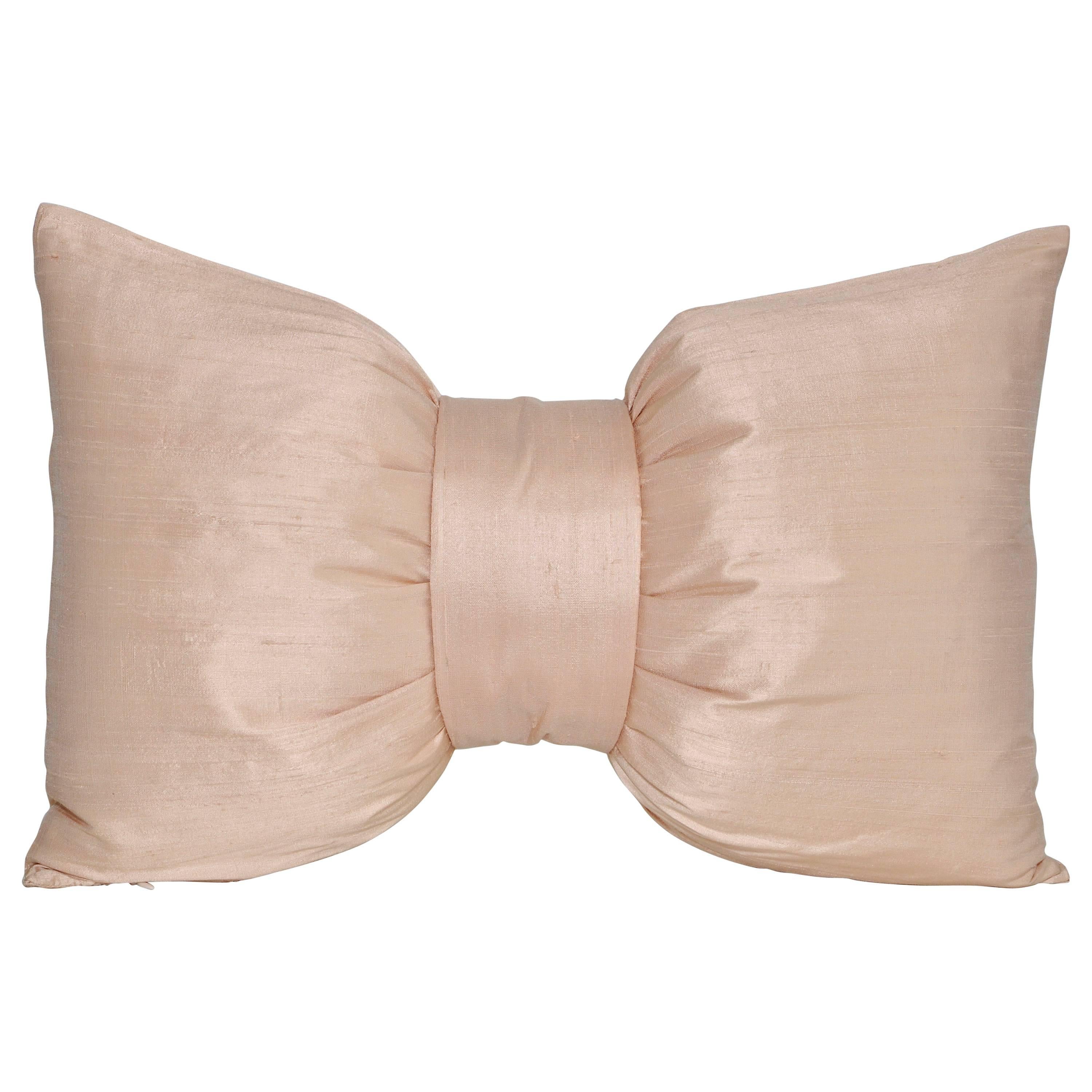 Large, French Antique Pink Peach Silk Bow Cushion Pillow For Sale