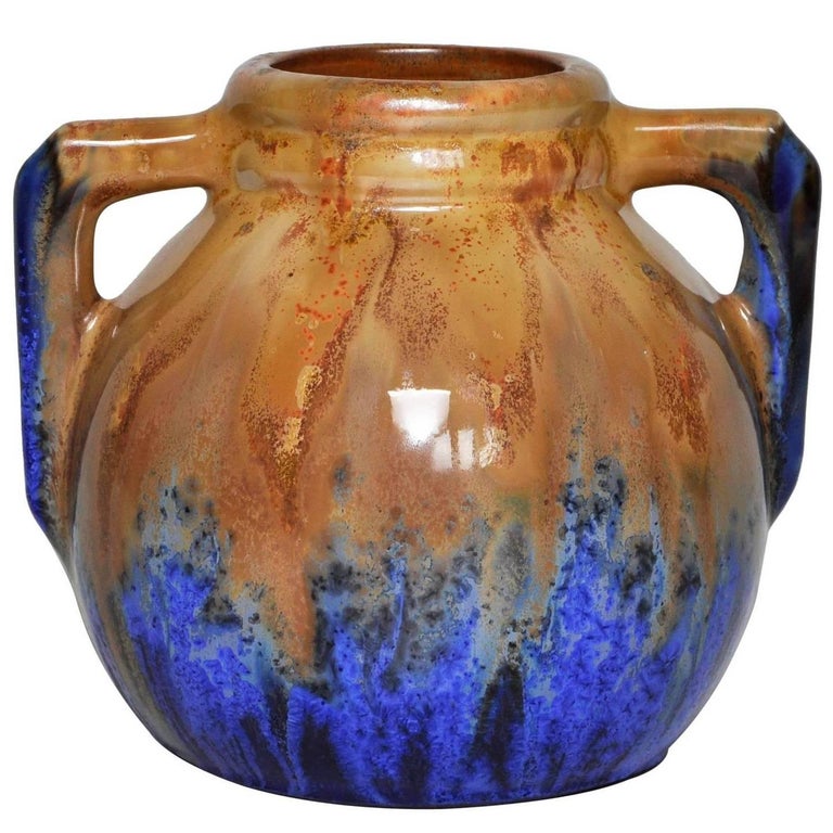 French Art Pottery Metenier Blue Ceramic Vase Pot For Sale