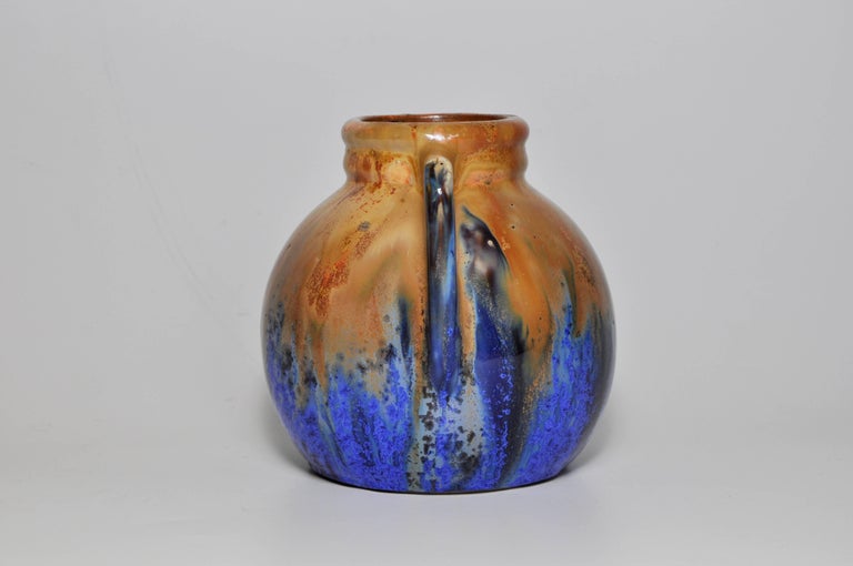 Art Nouveau French Art Pottery Metenier Blue Ceramic Vase Pot For Sale