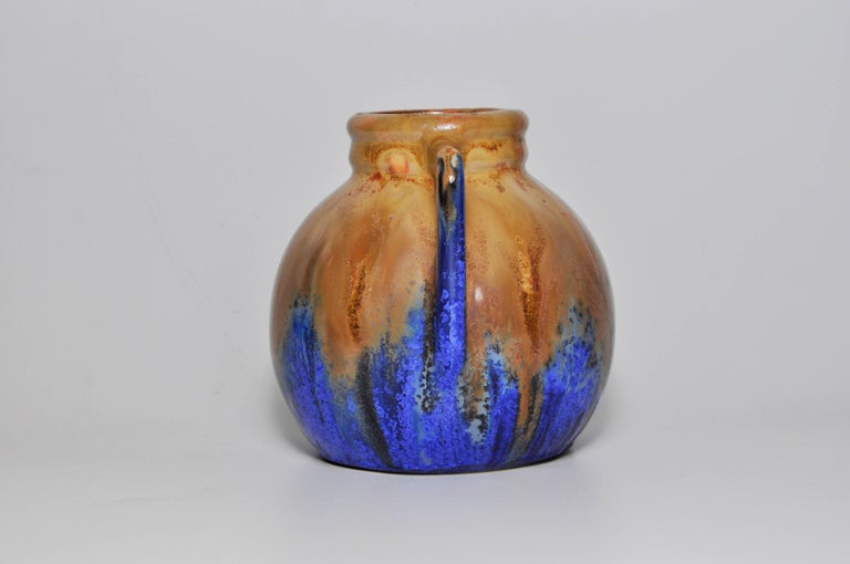 Hand-Crafted French Art Pottery Metenier Blue Ceramic Vase Pot For Sale