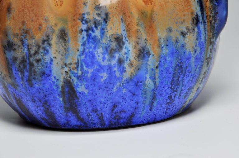20th Century French Art Pottery Metenier Blue Ceramic Vase Pot For Sale