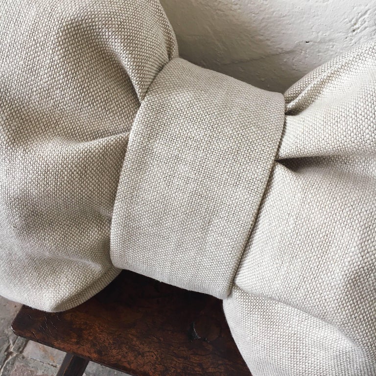 Pair of Large Designer Bow Pillows in Vintage Irish Linen Natural