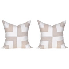Pair of Large Contemporary Irish Linen Pillows Cushions White Natural Patchwork