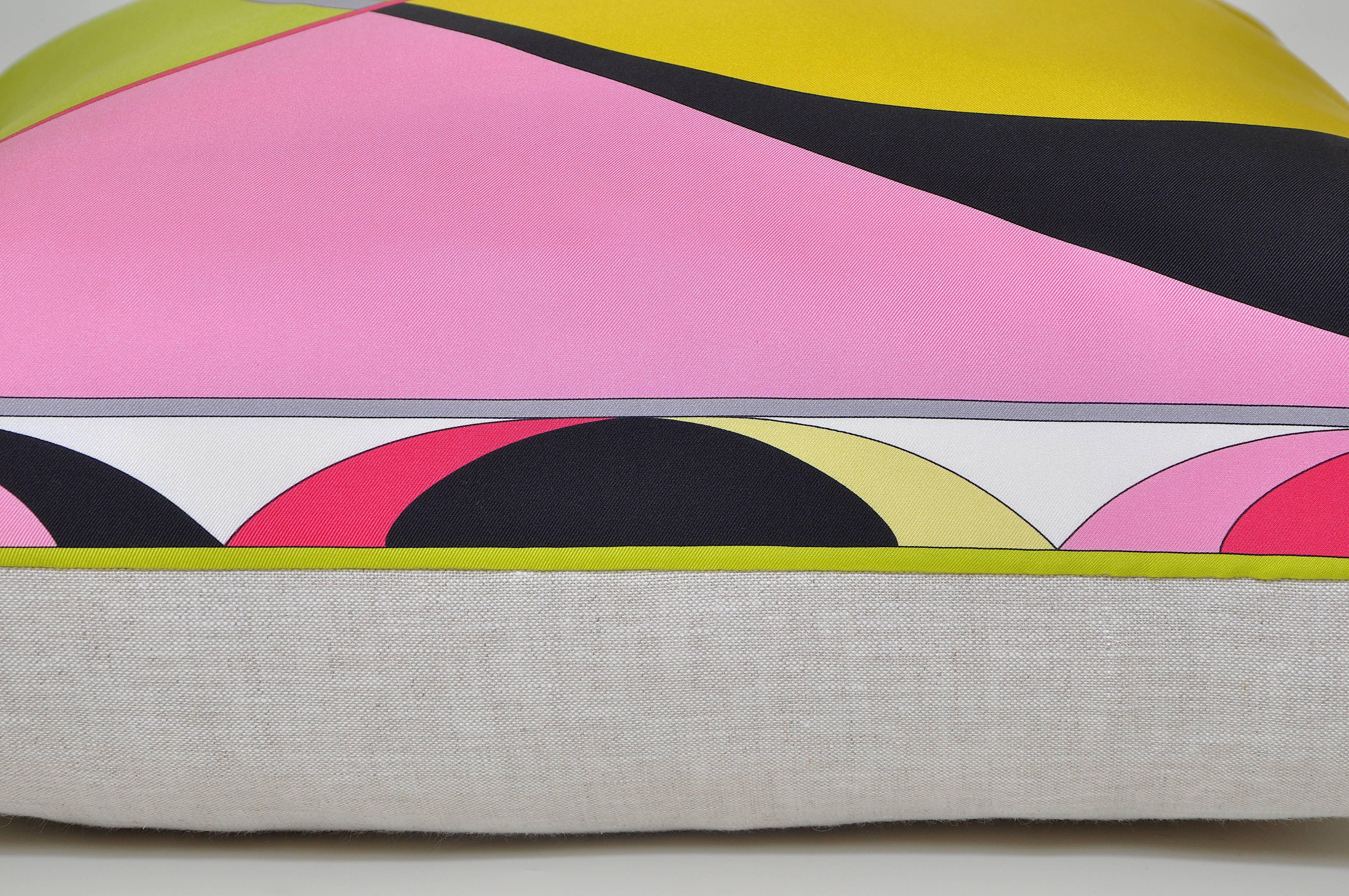 Hand-Crafted Vintage Pucci Yellow Geometric Silk Fabric and Irish Linen Cushion Pillow For Sale