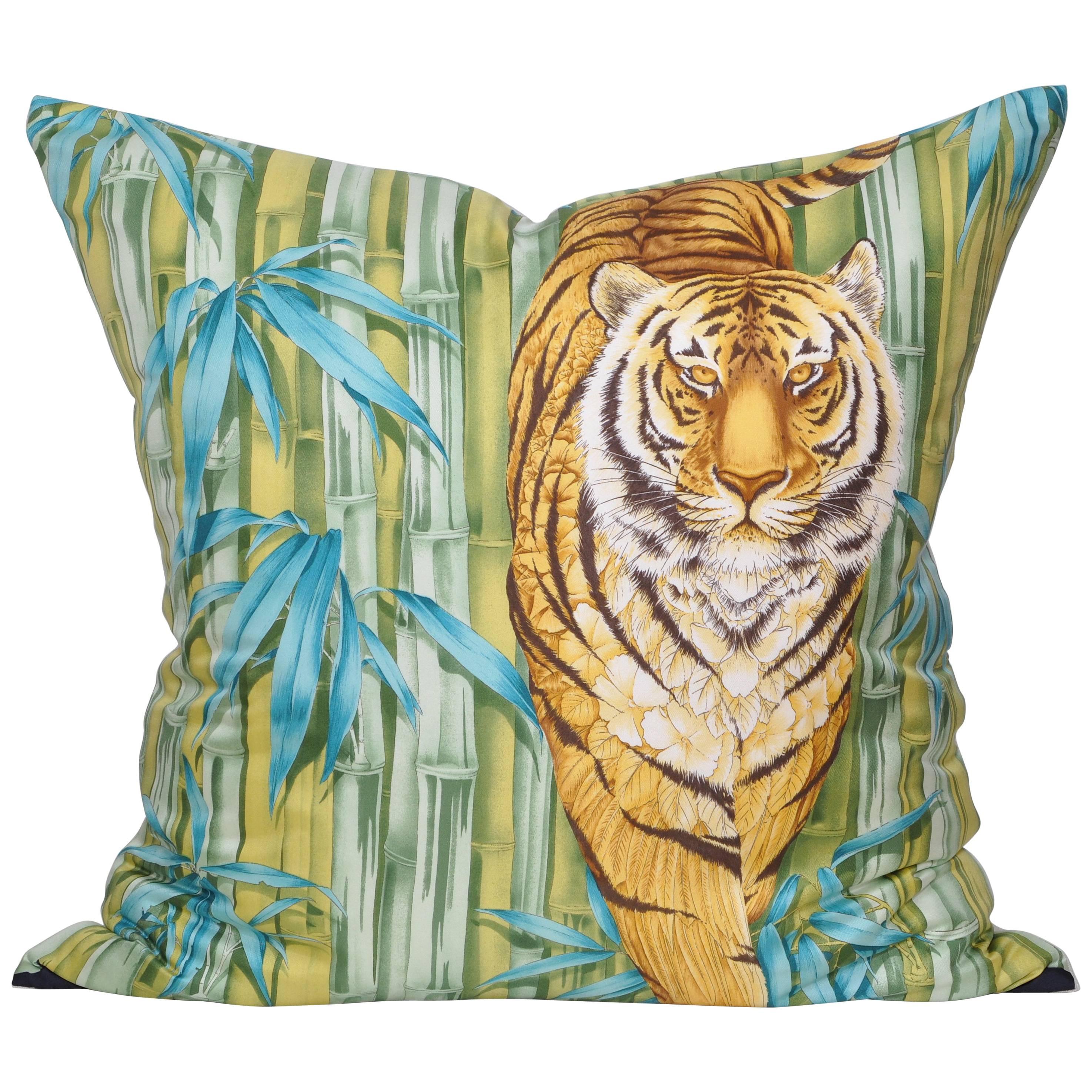 Large Vintage Tiger Blue Salvatore Ferragamo Silk Fabric and Irish Linen Pillow For Sale