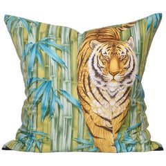 Large Vintage Tiger Blue Salvatore Ferragamo Silk Fabric and Irish Linen Pillow