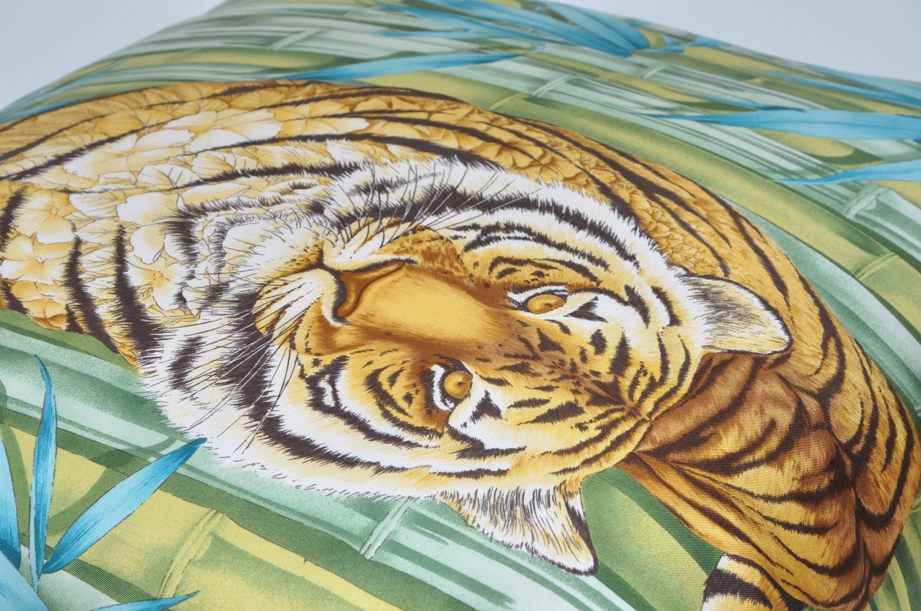 Hand-Crafted Large Vintage Tiger Blue Salvatore Ferragamo Silk Fabric and Irish Linen Pillow For Sale