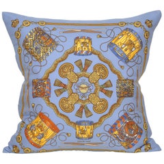 Used Hermès Blue Purple Silk Fabric and Irish Linen Cushion Pillow
