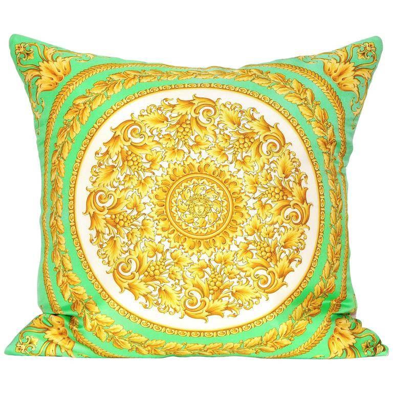 Vintage Versace Green Medusa Silk Fabric and Irish Linen Cushion Pillow