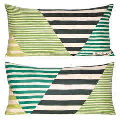 Pair of Retro Pierre Cardin Green Geometric Silk Fabric & Irish Linen Pillows