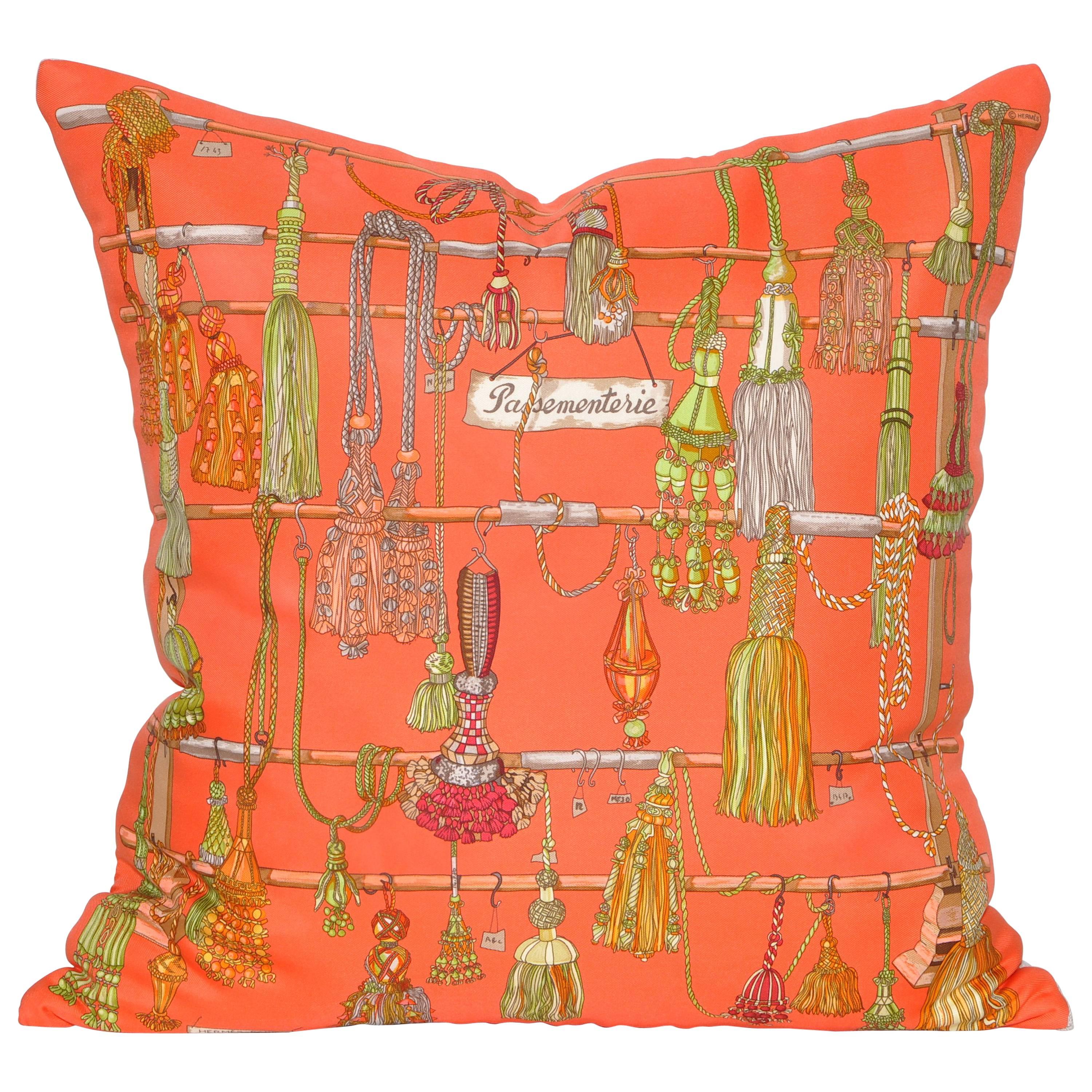 Vintage Hermes Orange Silk Fabric and Irish Linen Cushion Pillow