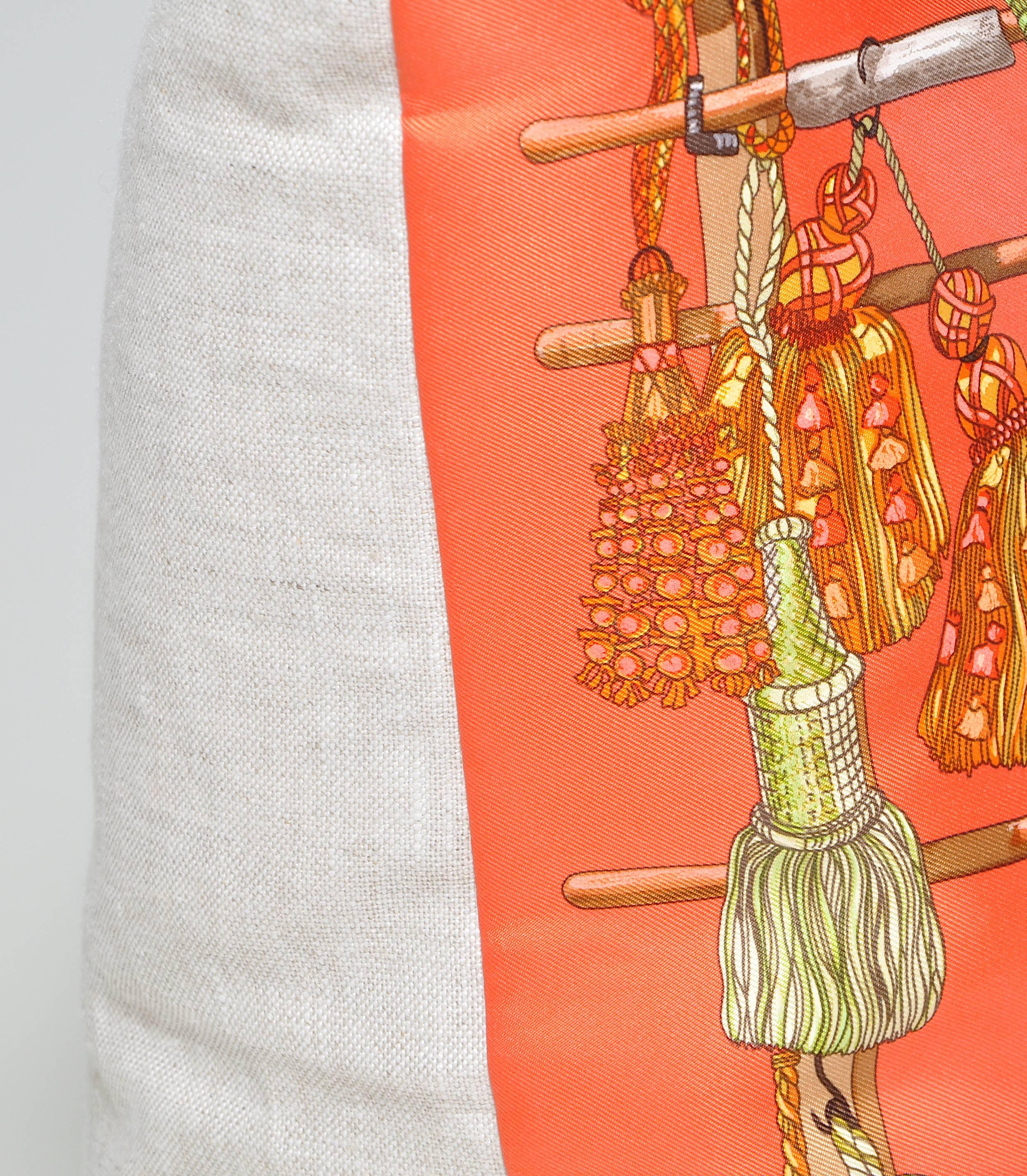 Baroque Vintage Hermes Orange Silk Fabric and Irish Linen Cushion Pillow