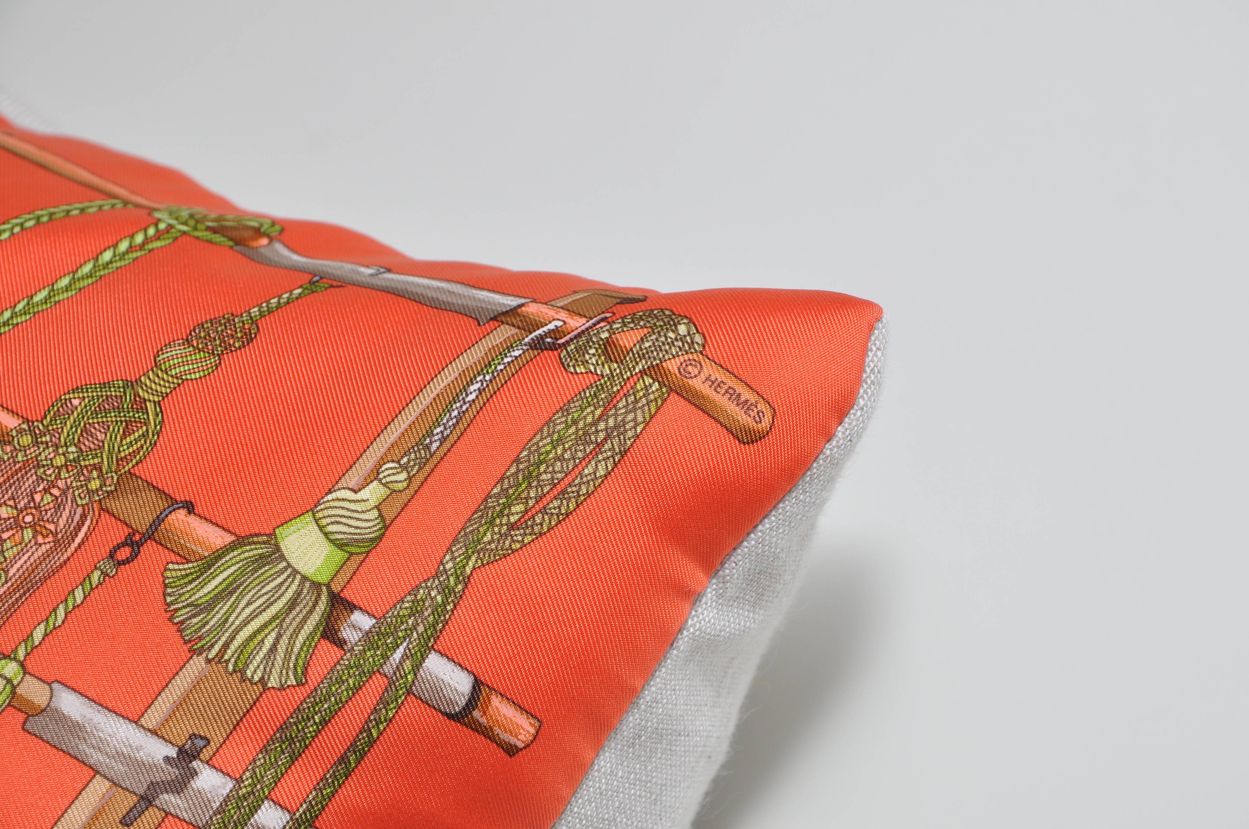 20th Century Vintage Hermes Orange Silk Fabric and Irish Linen Cushion Pillow
