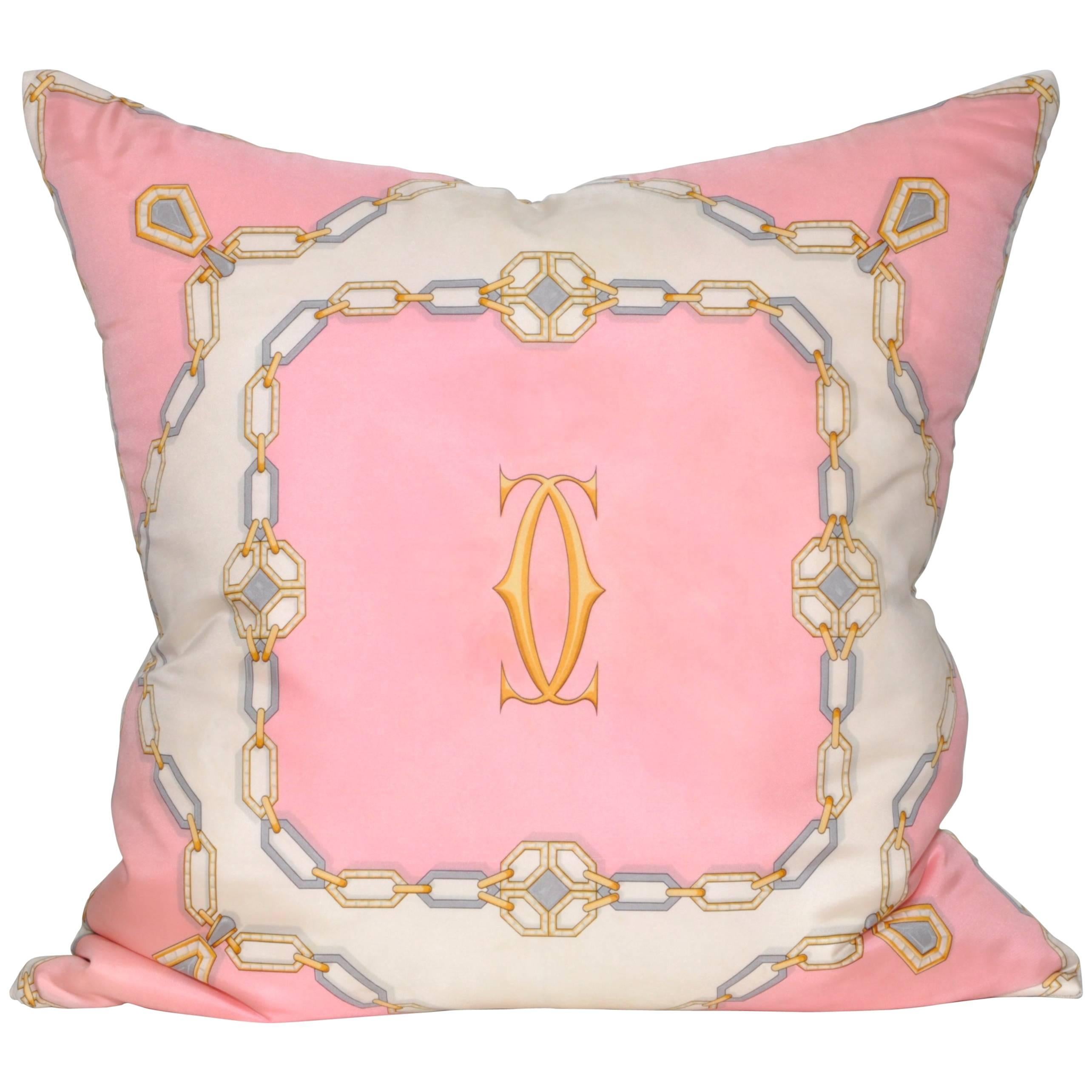 Vintage Cartier Diamonds Pink Silk Fabric with Irish Linen Pillow (flawed) For Sale