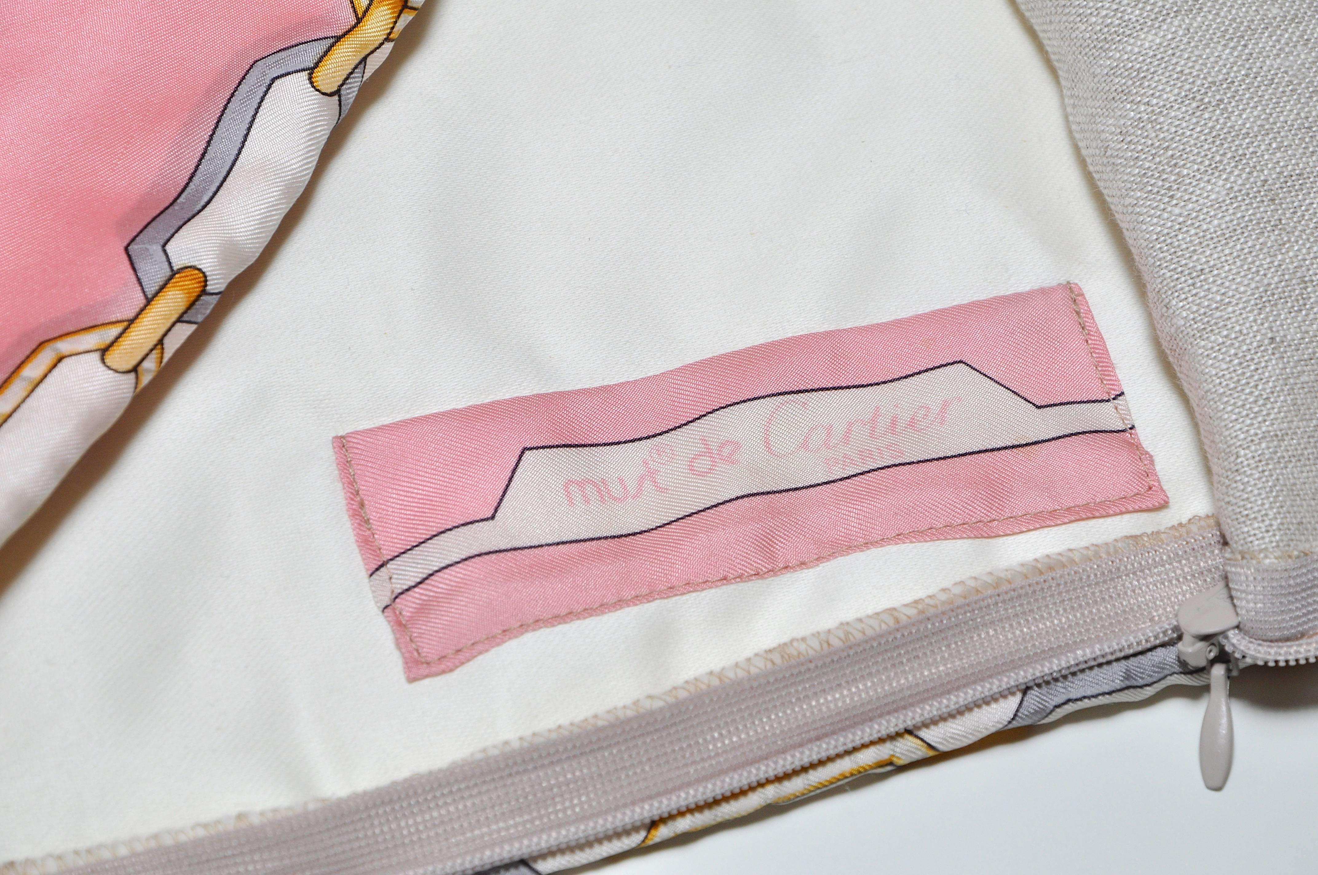 French Vintage Cartier Diamonds Pink Silk Fabric with Irish Linen Pillow (flawed) For Sale