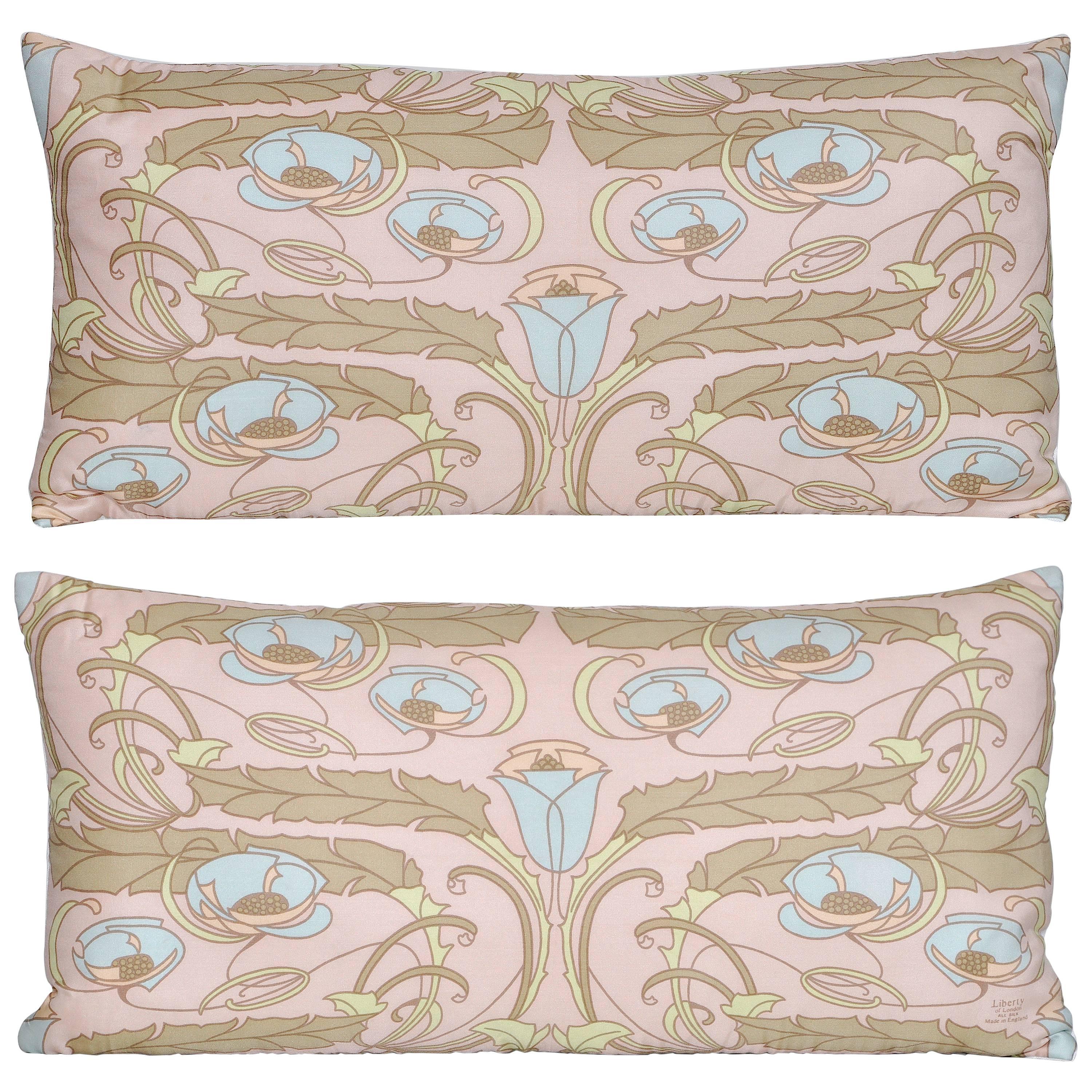 Pair of Vintage Liberty of London Silk Fabric with Irish Linen Cushions Pillows