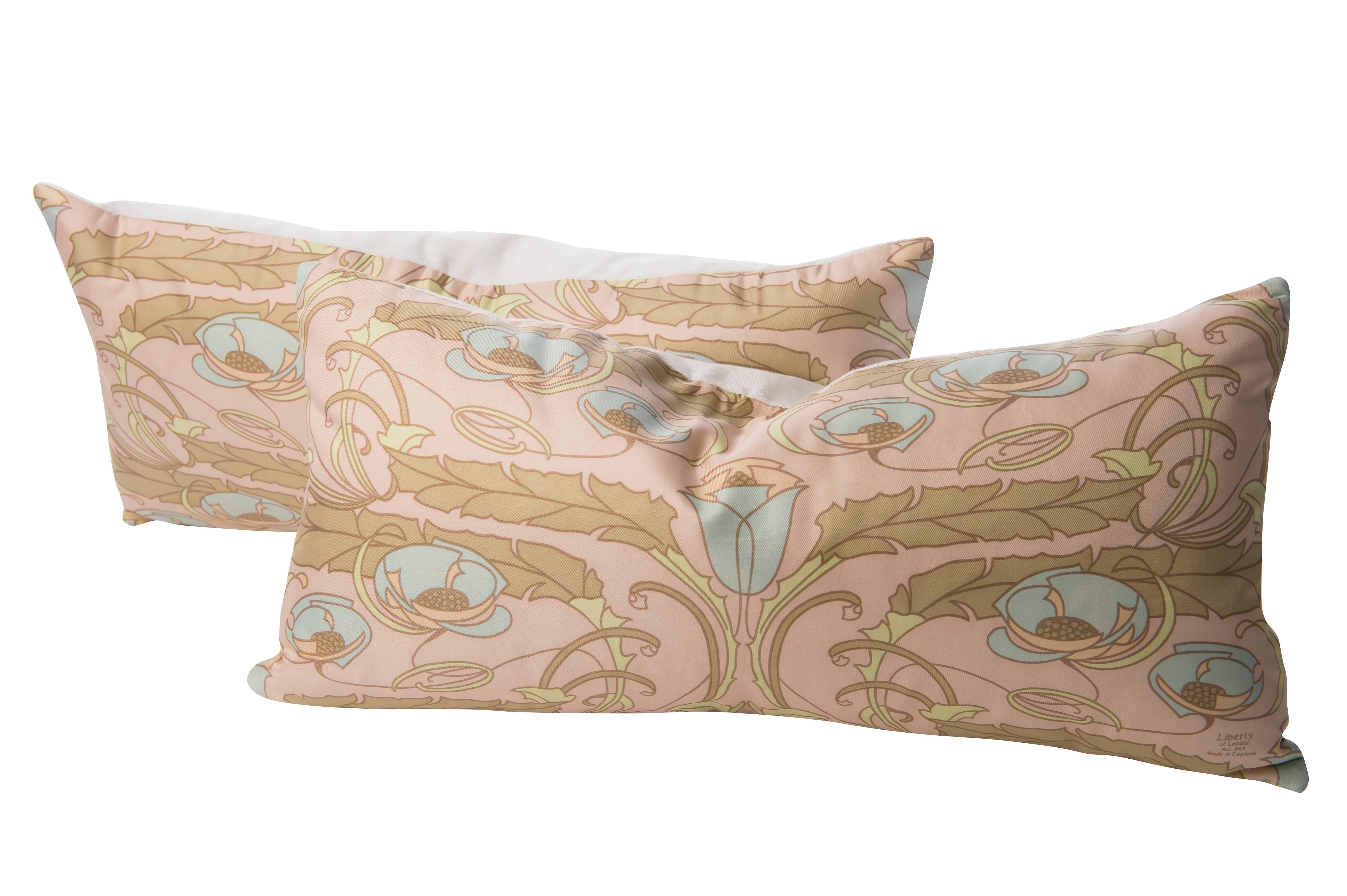 Pair of Vintage Liberty of London Silk Fabric with Irish Linen Cushions Pillows 1