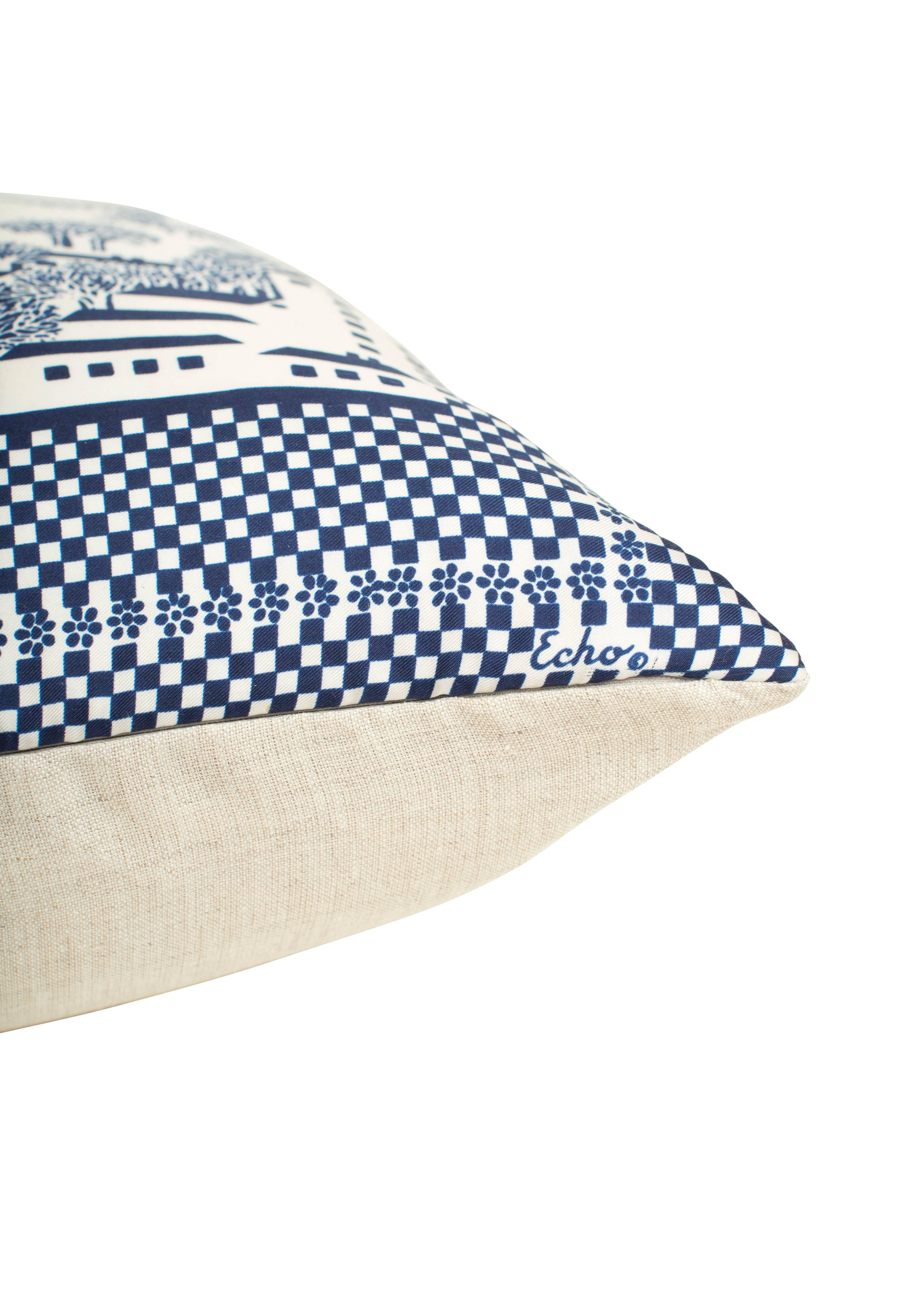 Hand-Crafted Vintage Echo Blue and White Silk Fabric with Irish Linen Cushion Pillow