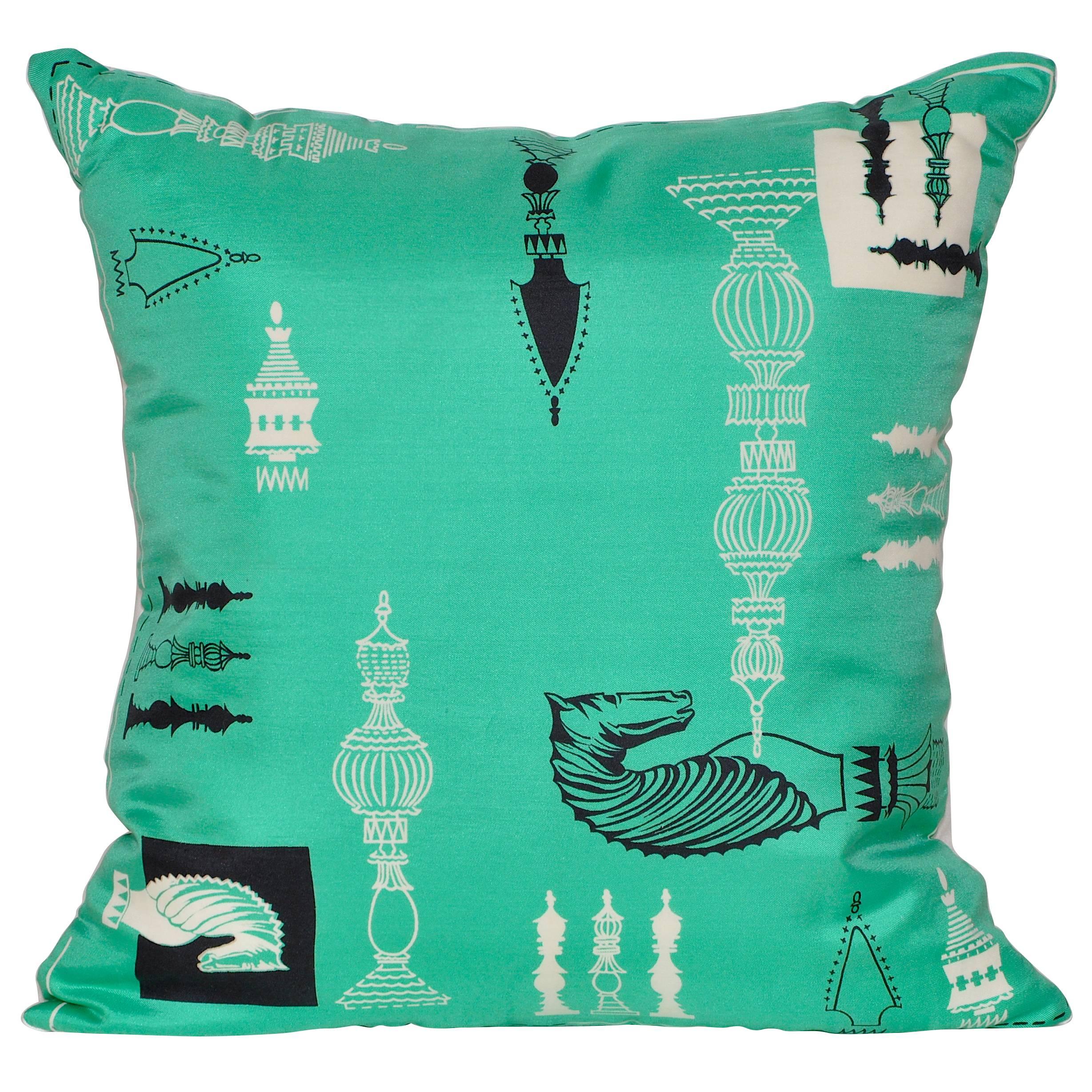 Vintage Liberty of London Green Print Silk Fabric and Irish Linen Cushion Pillow For Sale