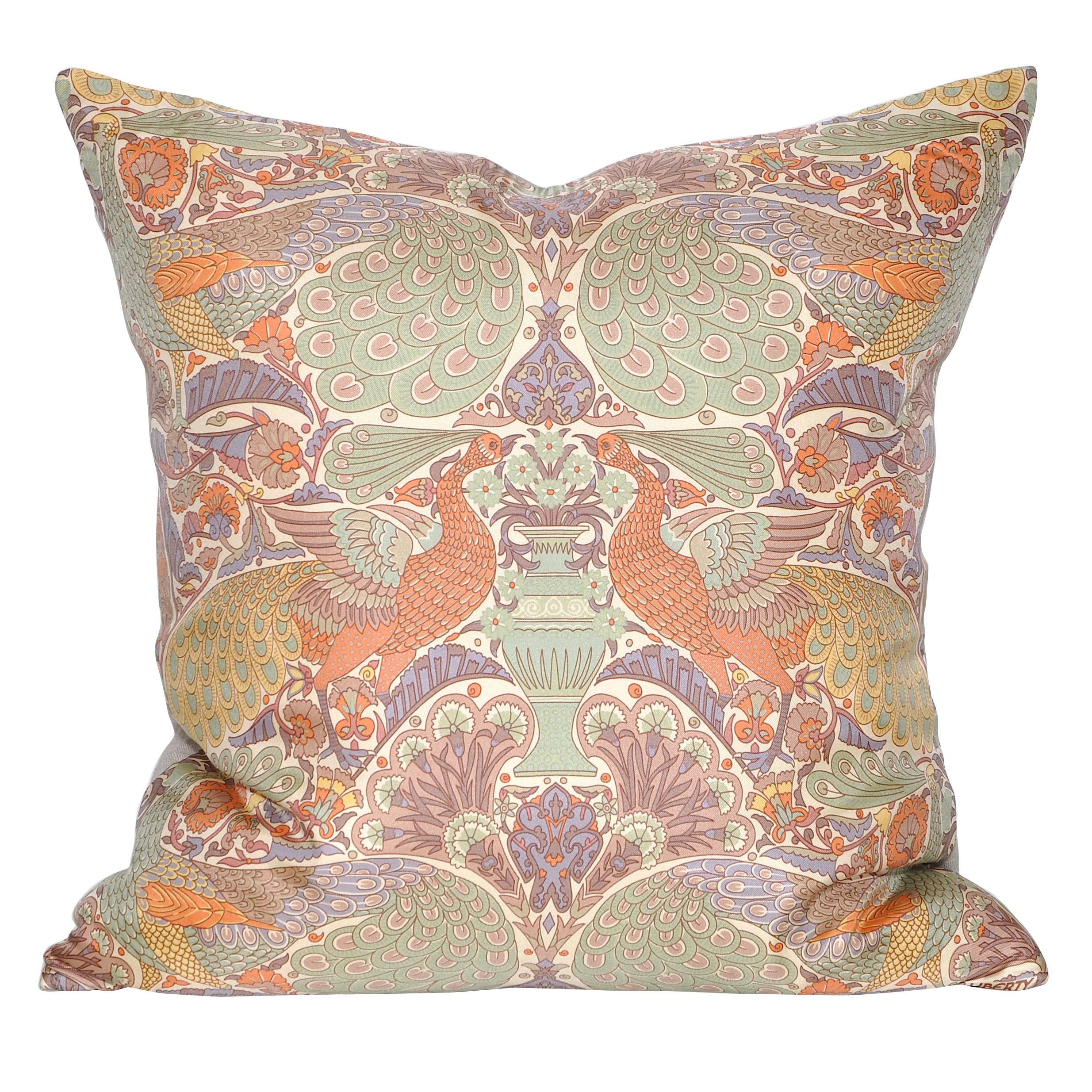 Vintage Liberty of London Peacock Print Silk Fabric Irish Linen Cushion Pillow