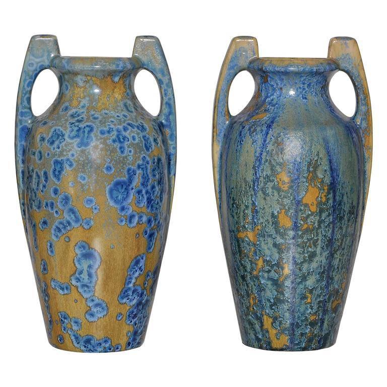 Large Pair of Spectacular French Art Nouveau Crystalline Glaze Blue Antique Pots