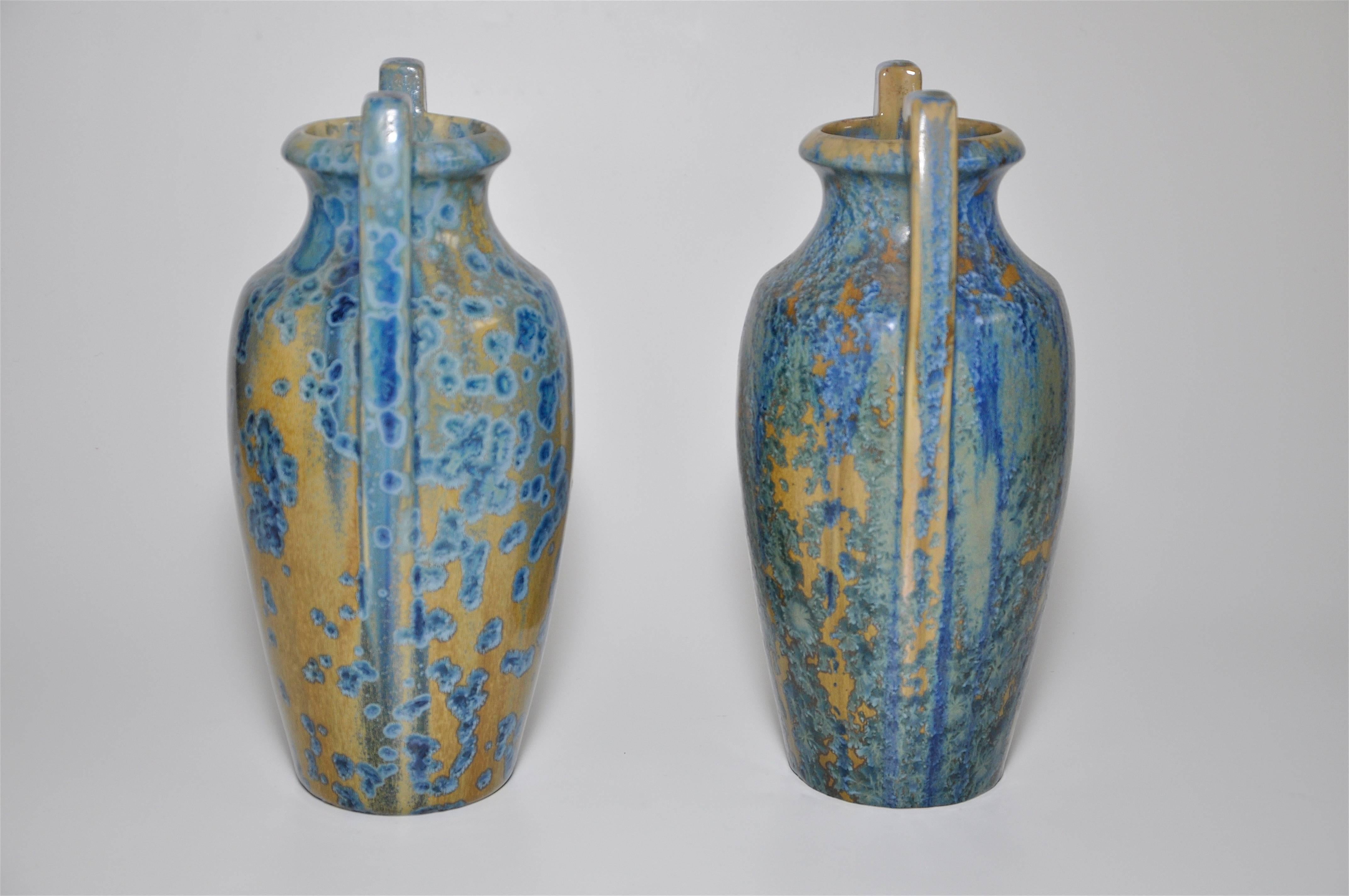 20th Century Large Pair of Spectacular French Art Nouveau Crystalline Glaze Blue Antique Pots