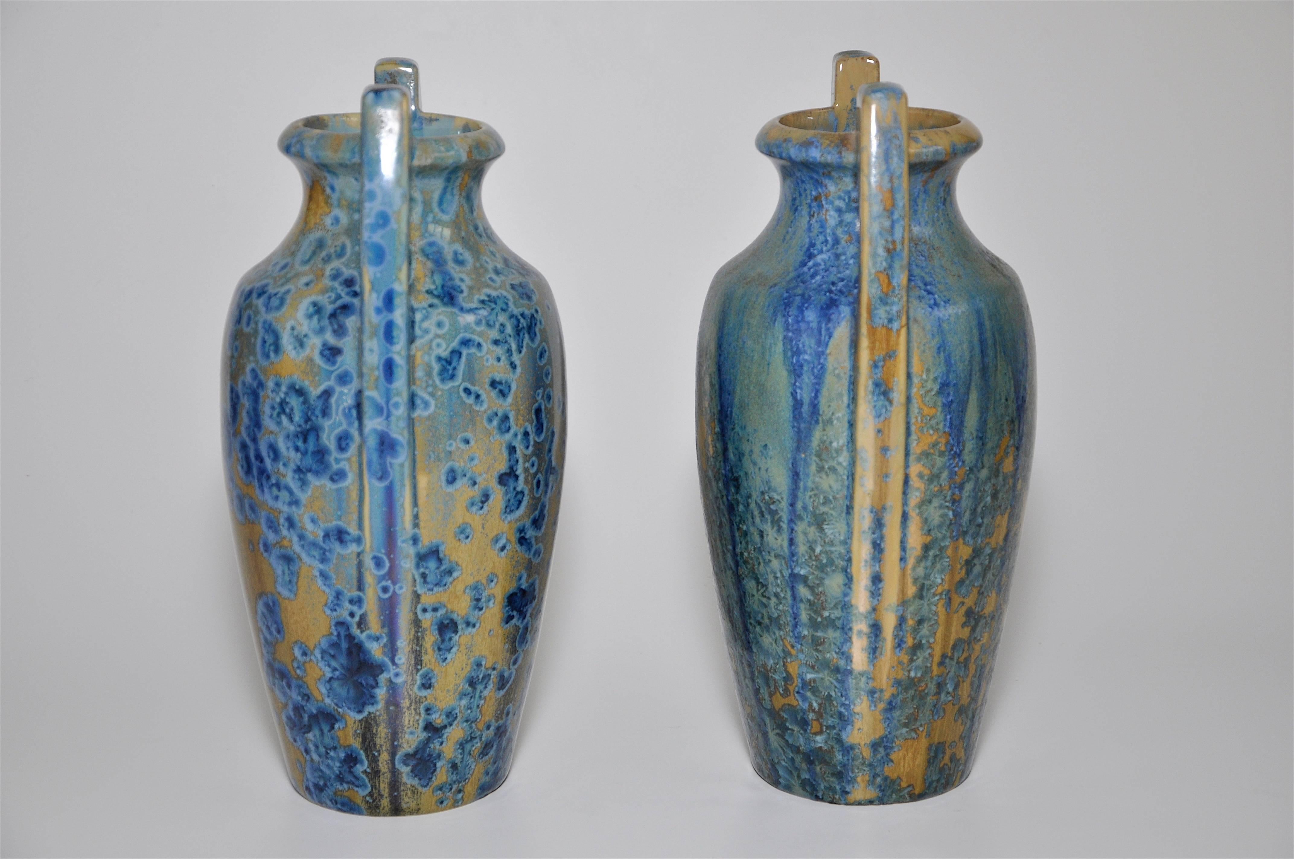 Ceramic Large Pair of Spectacular French Art Nouveau Crystalline Glaze Blue Antique Pots