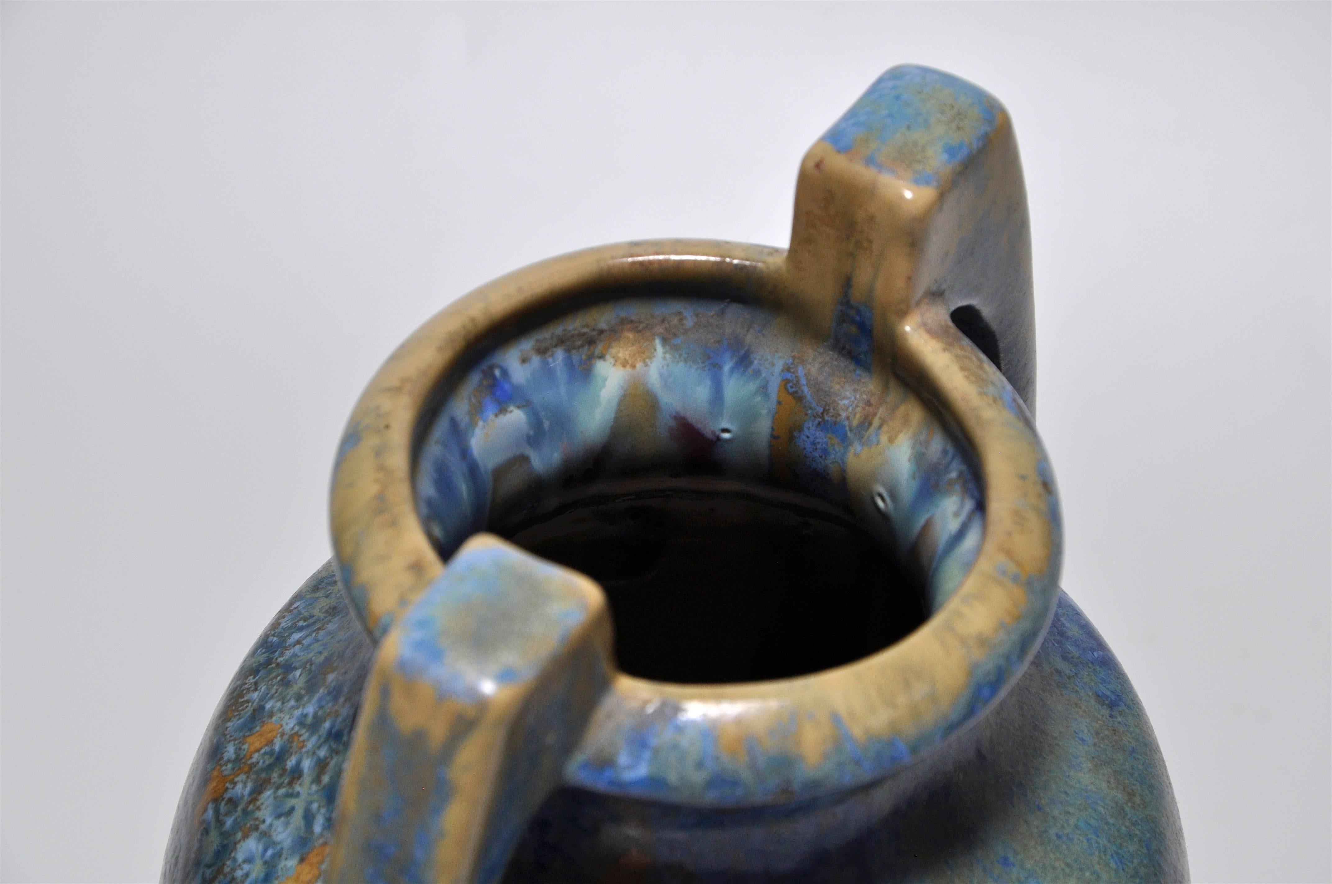 Large Pair of Spectacular French Art Nouveau Crystalline Glaze Blue Antique Pots 1